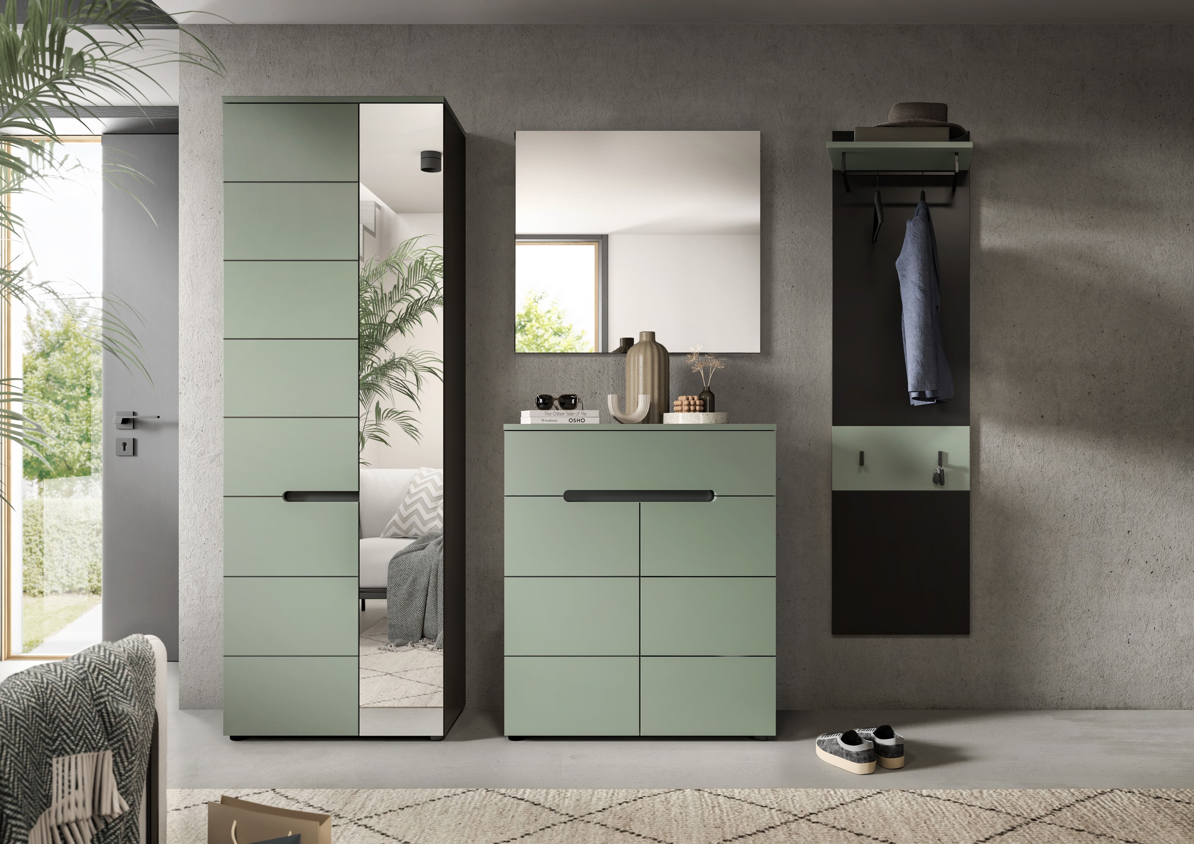 INOSIGN Garderoben-Set, (Set, 4 St., bestehend aus: Garderobenschrank, Kommode, Spiegel & Garderobenpaneel), Garderobenkombination, Kombination, Set, Flurgarderobe, Diele