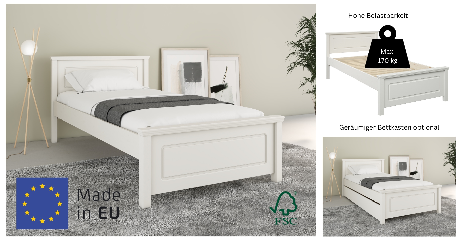 OTTO home Bett »Svea, Komforteinstiegshöhe und Breite, auch für Senioren geeignet« H/B/L ca.  86/100/200 cm,  Belastbarkeit 170KG! Schublade optional, Massivholz, mit Lattenrost