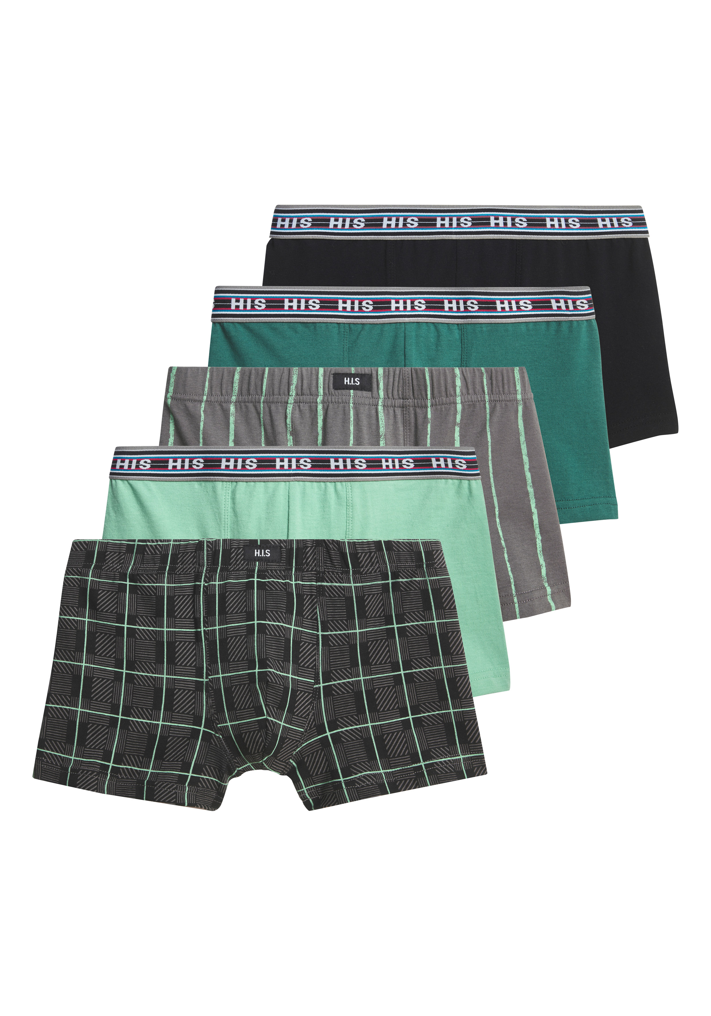 H.I.S Boxer "Boxershorts für Jungen" Packung, 5 Stk. unifarben, gestreift, kariert, mit Logobund, Baumwollmischung