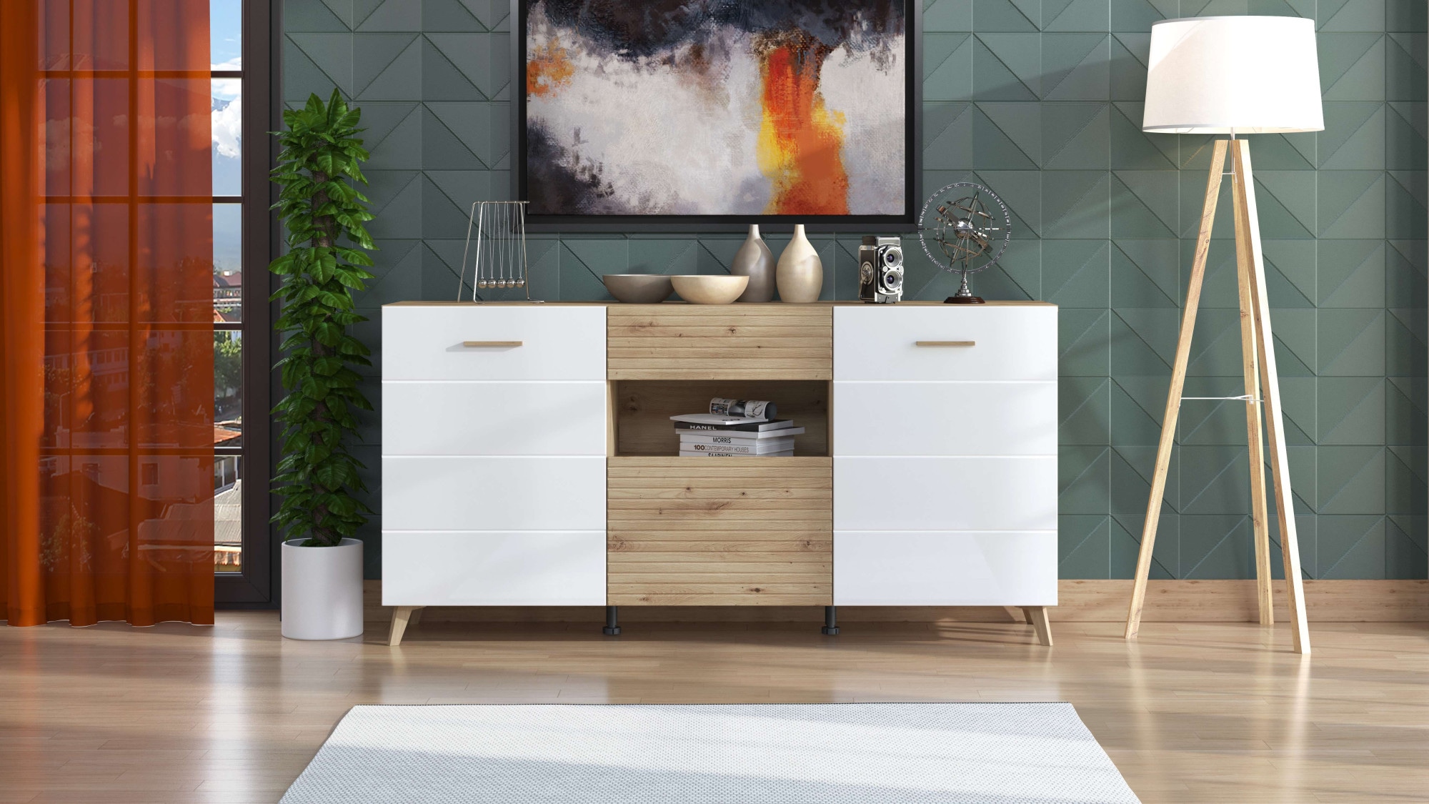INOSIGN Kommode »Bretagna Sideboard, Schubladenschrank, Breite 173 cm«, viel Stauraum, mit Holzgriffen, mit drei Regalen, in Artisan Eiche