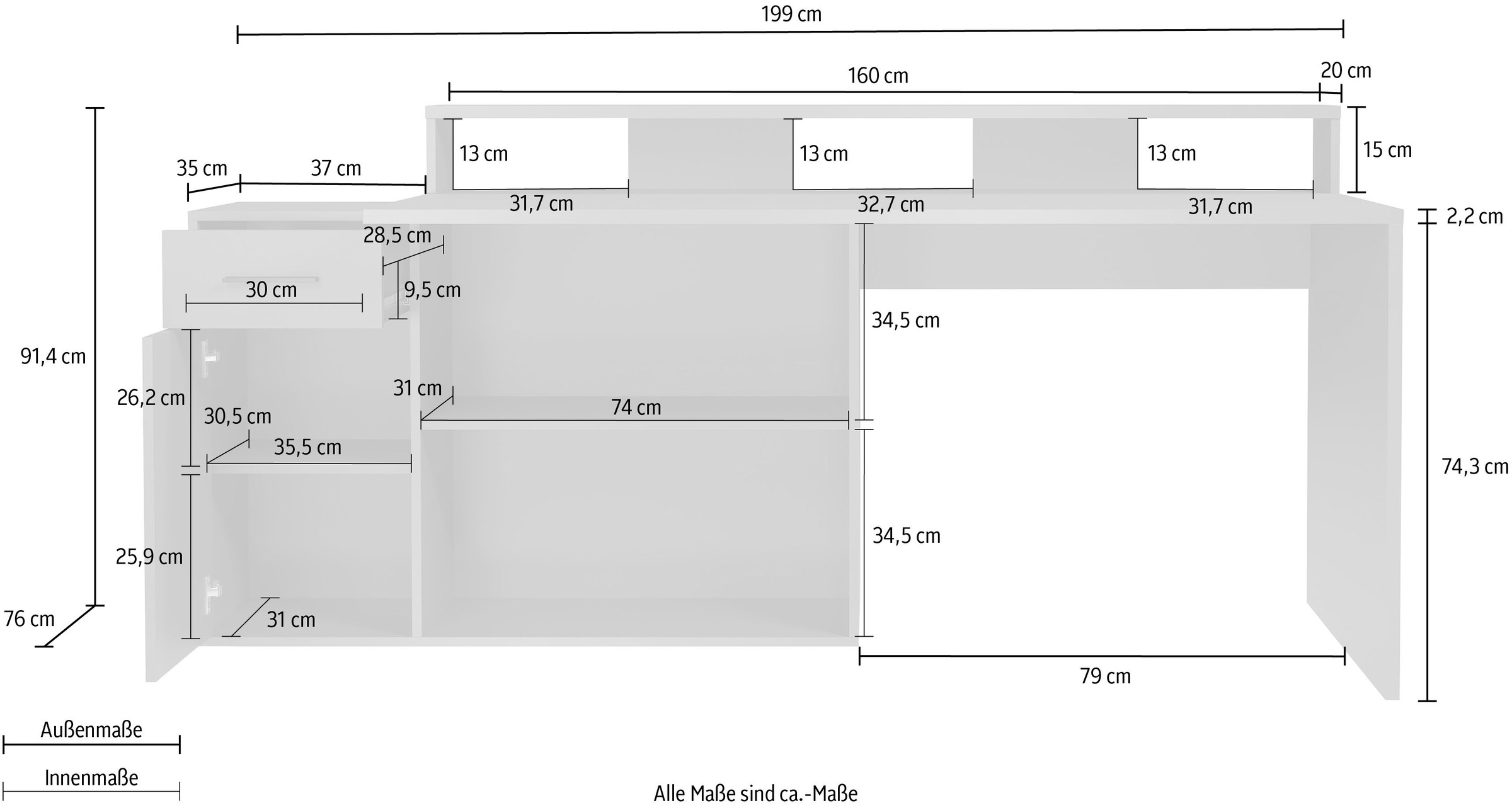 Home affaire Schreibtisch »Chester« 2 Stk. tlg. Gamingtisch mit Lowboard - Arbeitstisch Maße (B/T/H) 160/115/92 cm