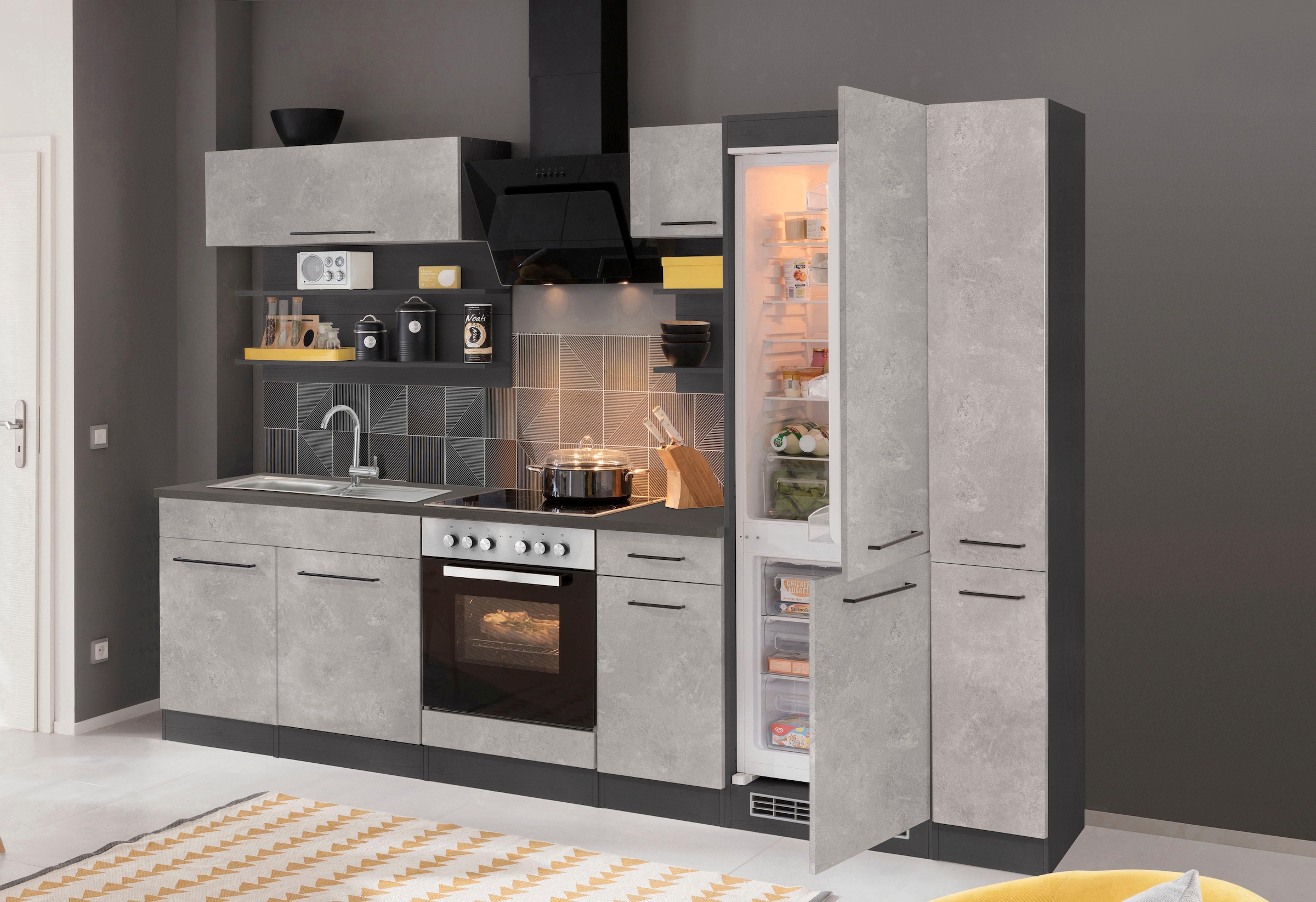KOCHSTATION Küchenzeile »KS-Tulsa«, mit E-Geräten, Breite 300 cm, schwarze Metallgriffe, MDF Fronten