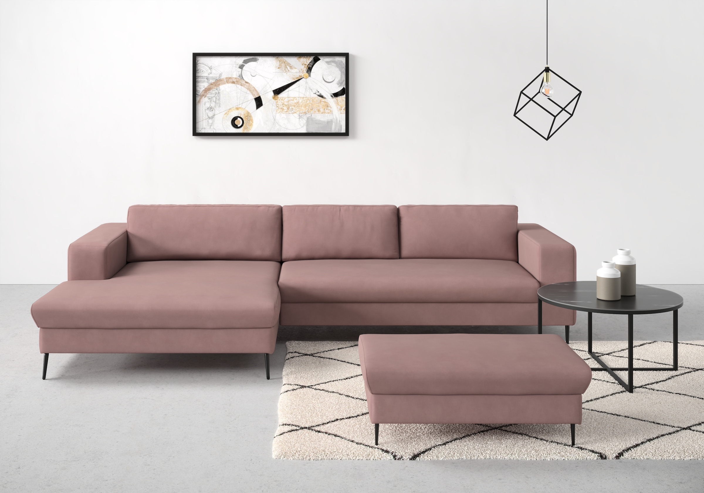 DOMO collection Ecksofa "Modica, zeitlos & elegant, Breite 329cm, hoher Fuß, bequem, L-Form" Auch in Cord, Fußhöhe passend für gängige Saugroboter