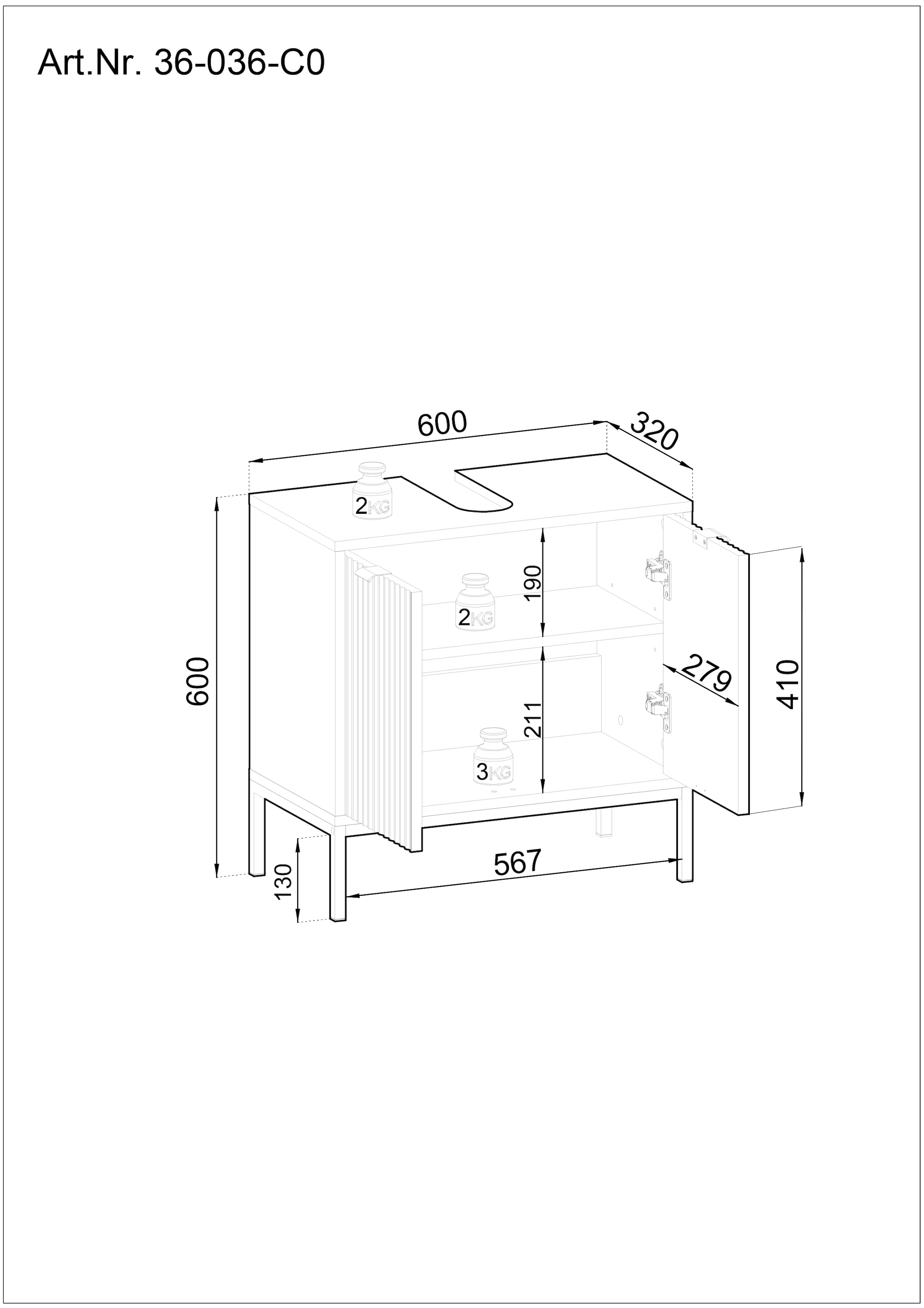 BASIC by Balculina Waschbeckenunterschrank »Lucera Waschbeckenunterschrank, Badezimmerschrank BxHxT 60x60x32«, (1 St.), Breite 60 cm, Tür L/R montierbar