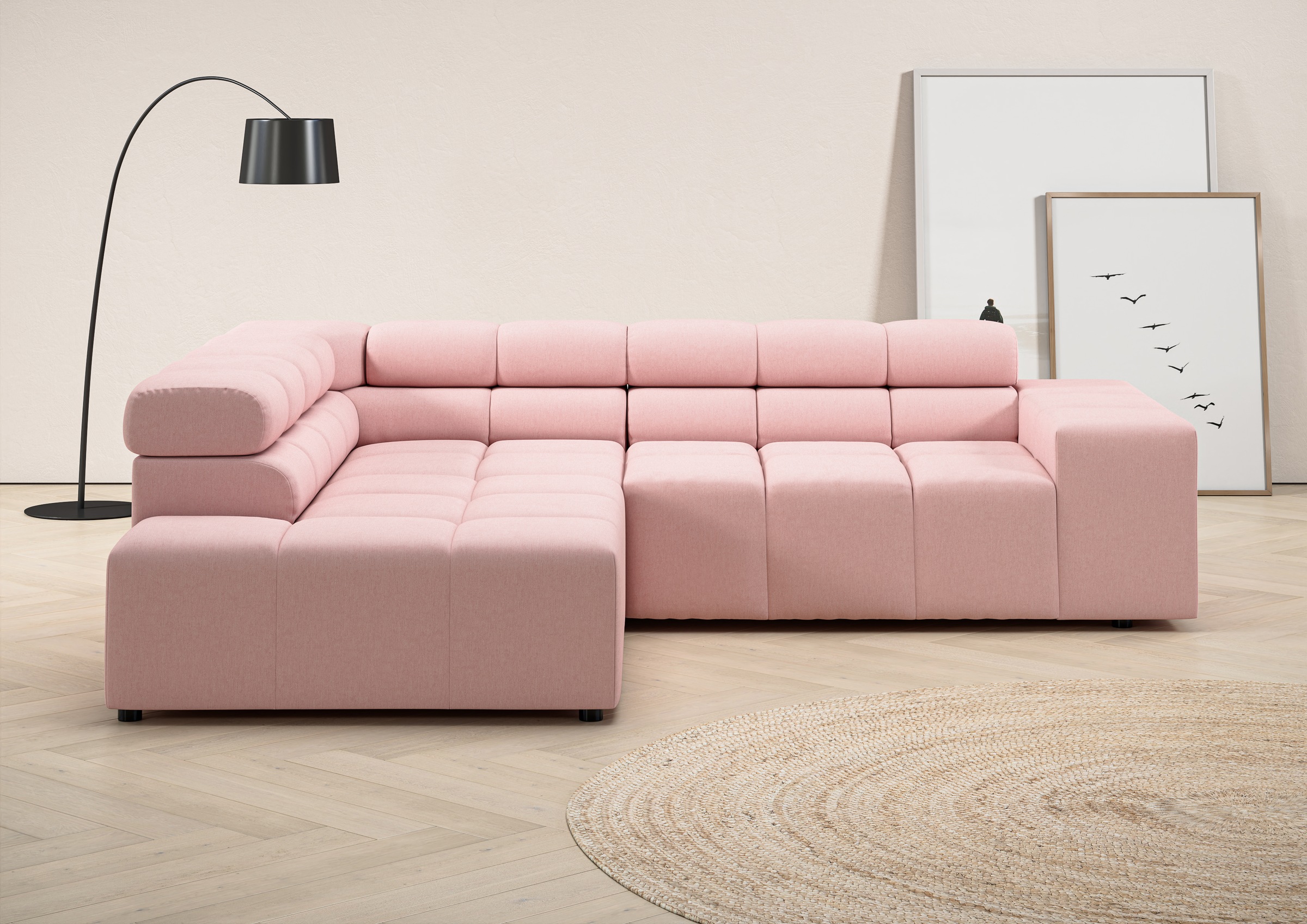 Ecksofa HOME AFFAIRE "Ancona, incl. Kopfteilverstellung + 3 Zierkissen, L-Form, Breite 249cm", rosa (rosé), B:249cm H:70cm T:215cm, 100% Polyester, Sofas, Ecksofa, wahlweise motorische Sitztiefenverstellung, B/T(H: 249/215/70 cm