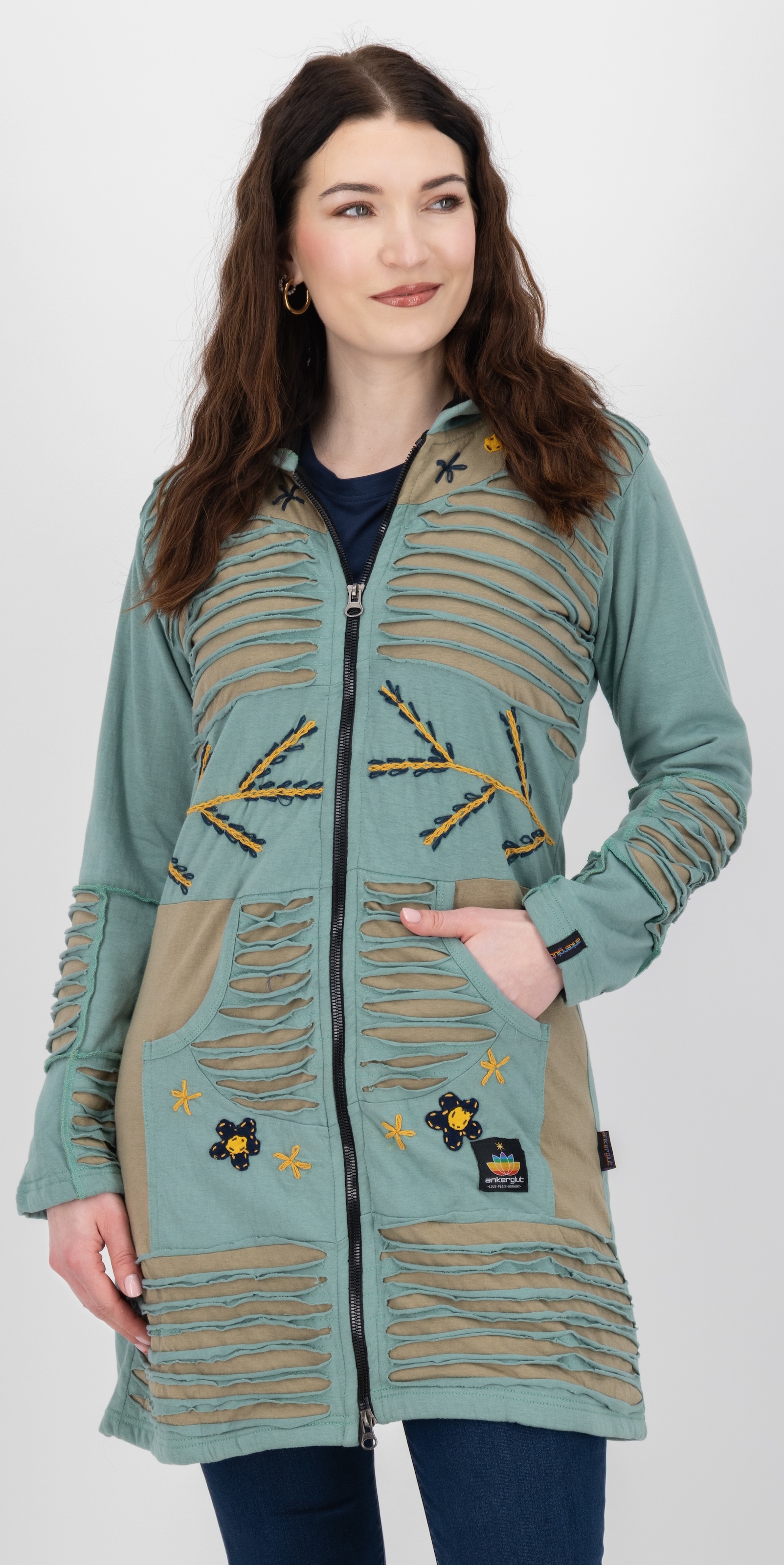 DEPROC Active Fleecejacke "Patchwork NUNAVUT LONG WMN" mit Kapuze auch in Großen Größen erhältlich