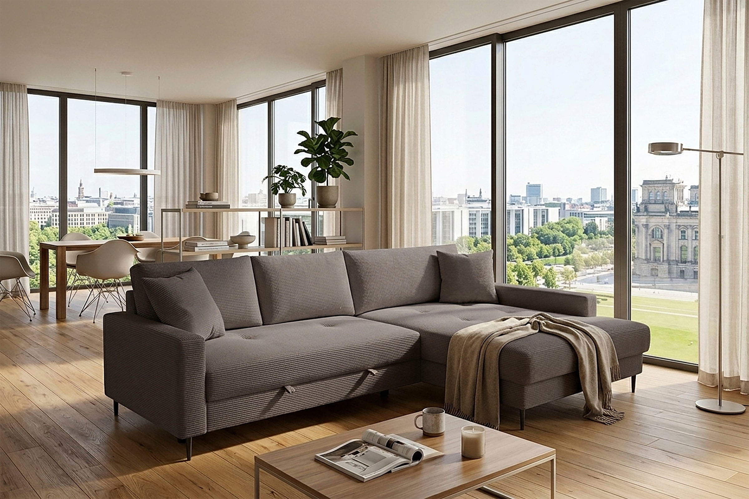 Trends by HG Ecksofa "Summer L-Form, B: 284 cm, Schlaffunktion, 2 Zierkissen" optional mit Kopfstützen, Wellenfederung, frei stellbar