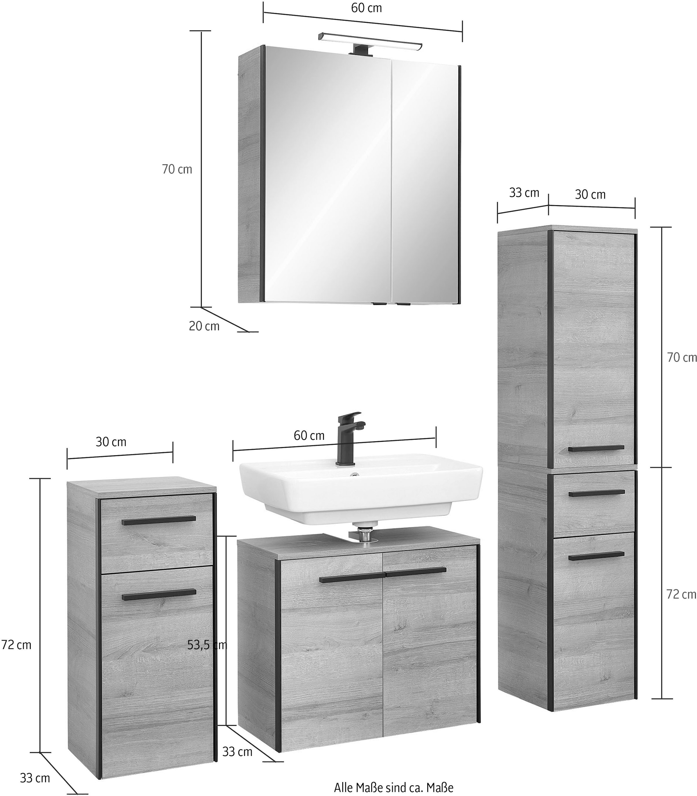 Saphir Badmöbel-Set »Quickset 395 4-teilig, Waschbeckenunterschrank mit LED-Spiegelschrank«, (5 St.), Unterschrank, Midischrank, inkl. Türdämpfer, 7 Türen, 2 Schubladen
