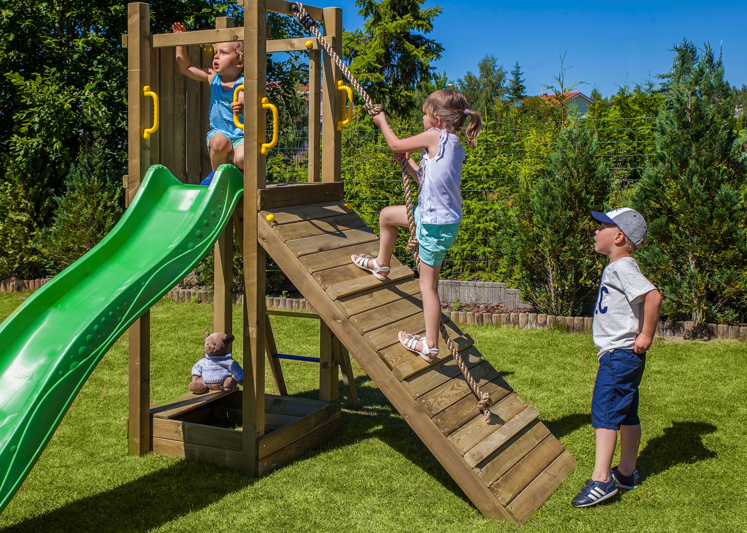 FUNGOO Spielturm »FUNNY3 mit Rampe und Sandkaste«, mit Schaukel & Rampe