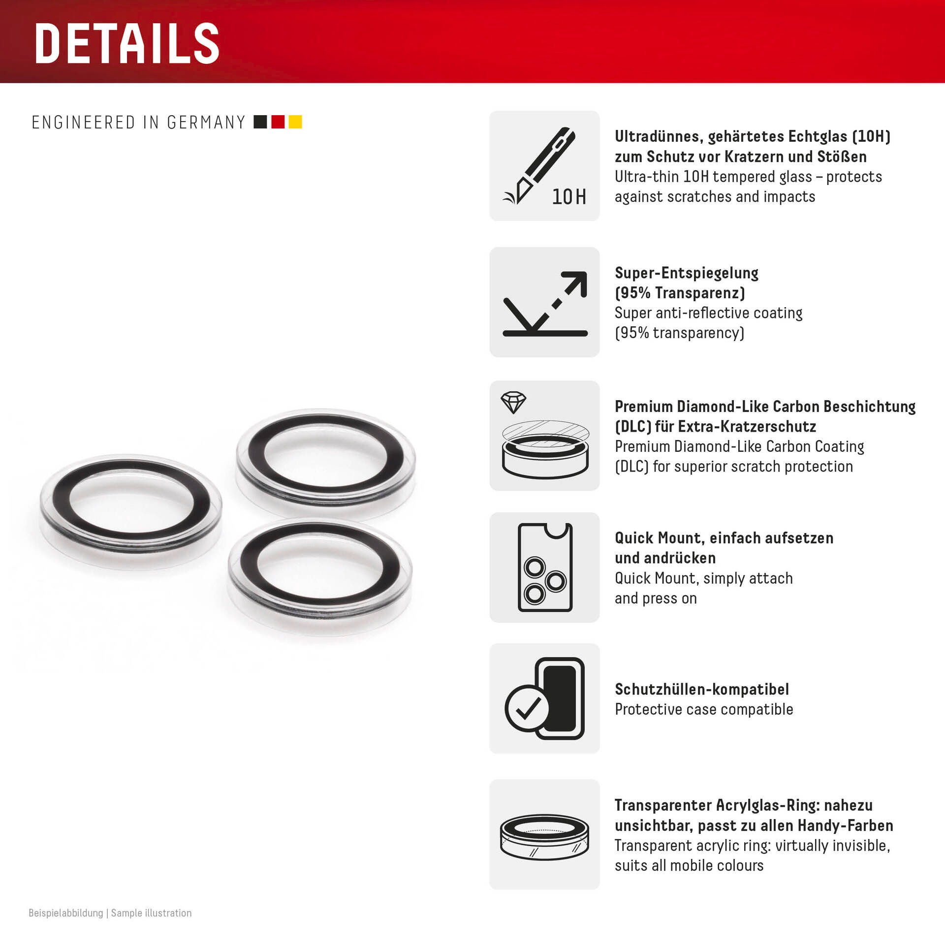 Displex Kameraschutzglas »Camera Lens Glass Single Glass Ring Protector«, für Apple iPhone 16 Pro-Apple iPhone 16 Pro Max, (Packung, 2x Einzellinsen-Schutzringe), Objektivschutz, Kameraschutz, kratz- & stoßfest