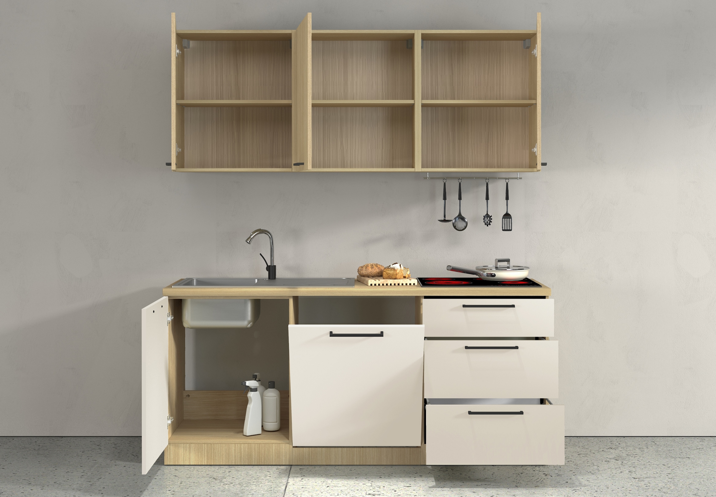 KOCHSTATION Küchenzeile »Luna, Küchenzeile mit Spüle + Siphon, ohne E-Geräte« Breite 182 cm,Türen mit Soft-Close Funktion, Metalgriffe,Made in Italy
