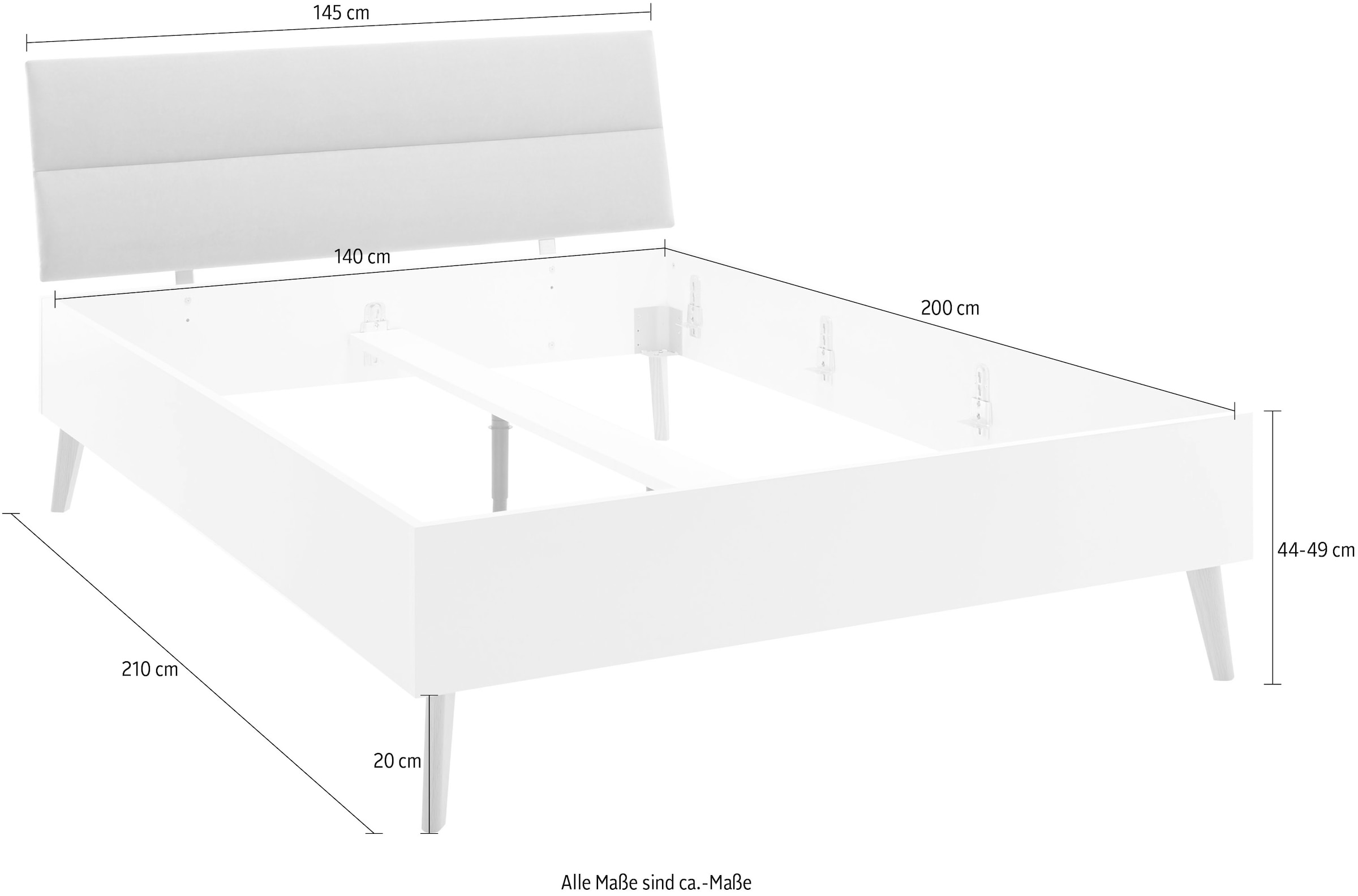 andas Einzelbett »MERLE Bett im skandinavischen Design, Bettgestell mit Massivholzfüßen«, mit gepolstertem Kopfteil, Liegefläche 140x200cm, gesamt:145/200/88cm