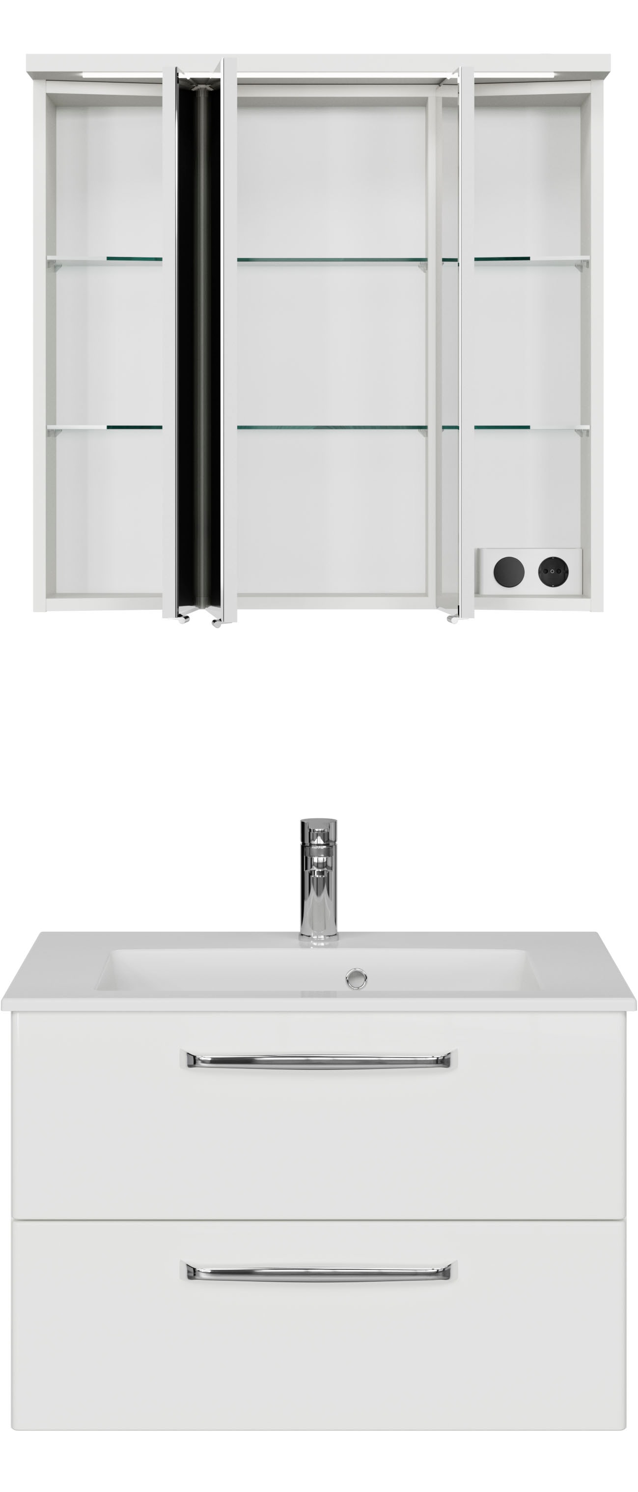 Saphir Badmöbel-Set »Trentino 2-teilig Mineralmarmor-Waschtisch mit LED-Spiegelschrank«, (3 St.), Badmöbel-Set 77cm breit, inkl. Türdämpfer, 3 Türen, 2 Auszügen