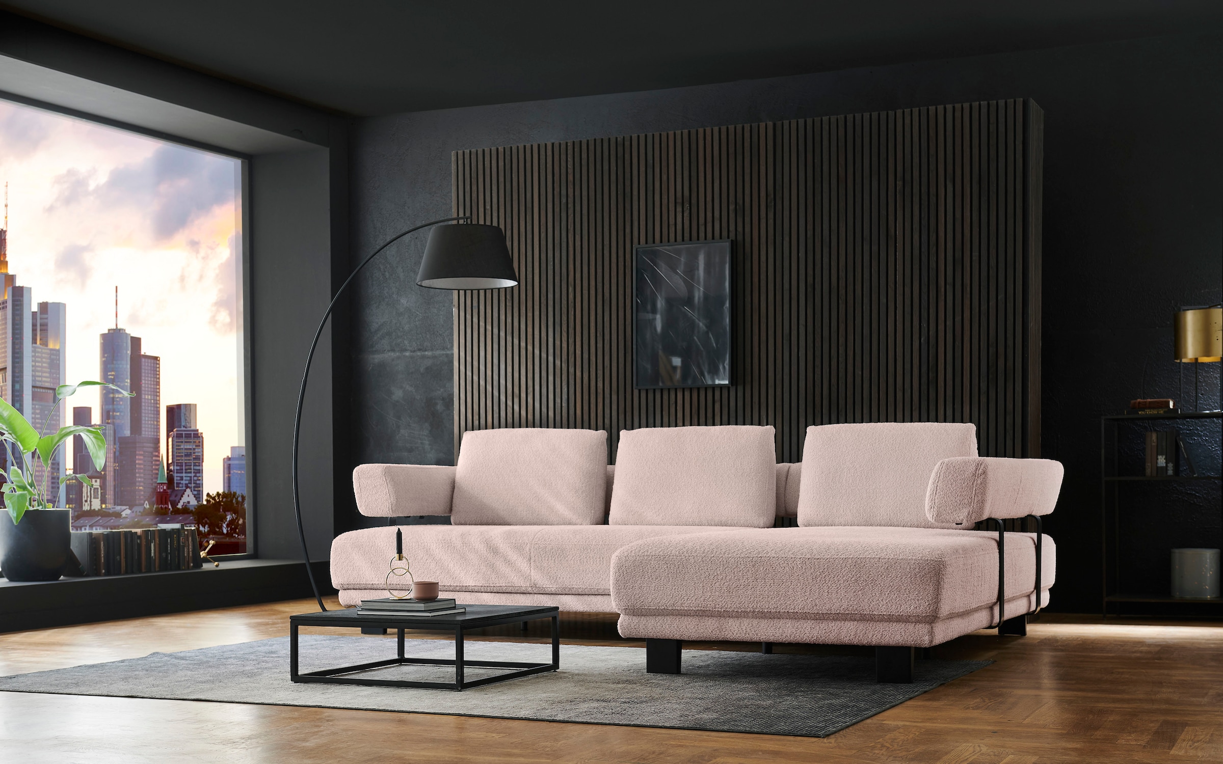 HUKLA Ecksofa »HU-HP18064 L-Form«, (Set), Optional mit motorischer Vorziehbank, stylische Reling