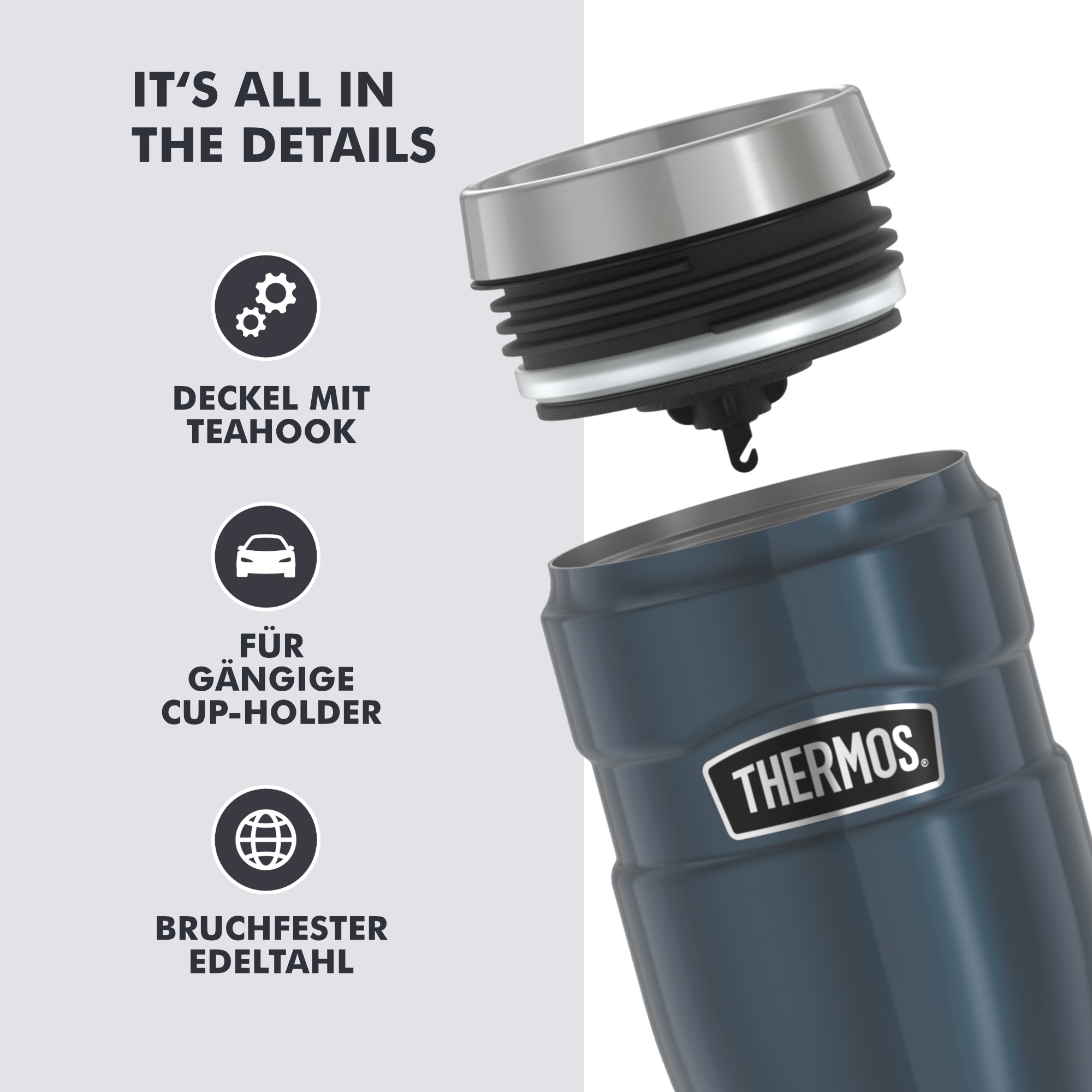 THERMOS Thermobecher »STAINLESS KING MUG, doppelwandiger Edelstahl, spülmaschinenfest« 0,47l, 7h heiß & 18h kalt, absolut dicht, DrinkLock – Verschlusssystem