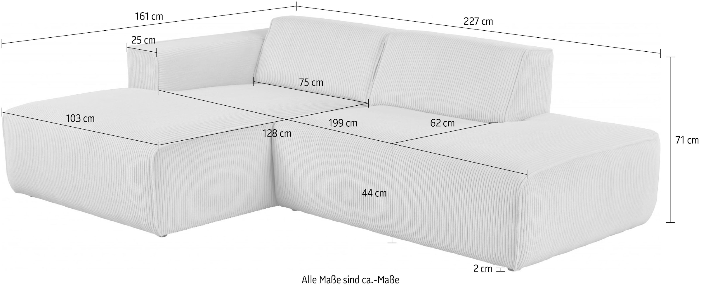 andas Ecksofa »Noord«, mit Kedernaht, Breite 227 cm, Cord, Struktur