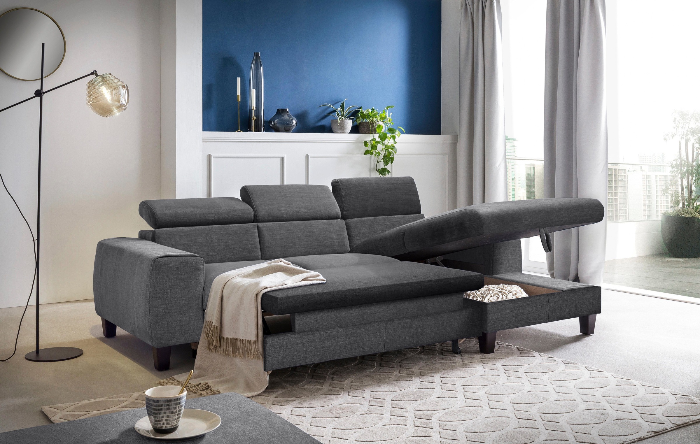 COTTA Polstergarnitur »Morven L-Form«, (Set), Set bestehend aus: Ecksofa mit Kopfteilverstellung & Hocker
