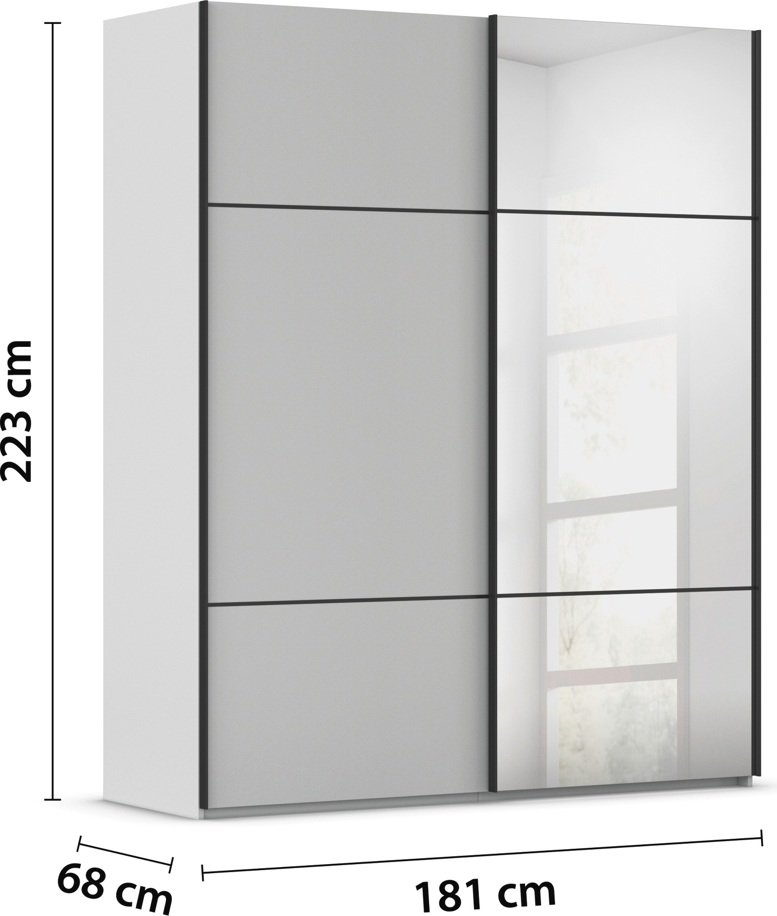 rauch Schwebetürenschrank »Kleiderschrank Schrank Garderobe Schlafzimmerschrank SCALE-TRIO«, edle dreigeteilte Front mit 2 Zierleisten und Spiegel MADE IN GERMANY