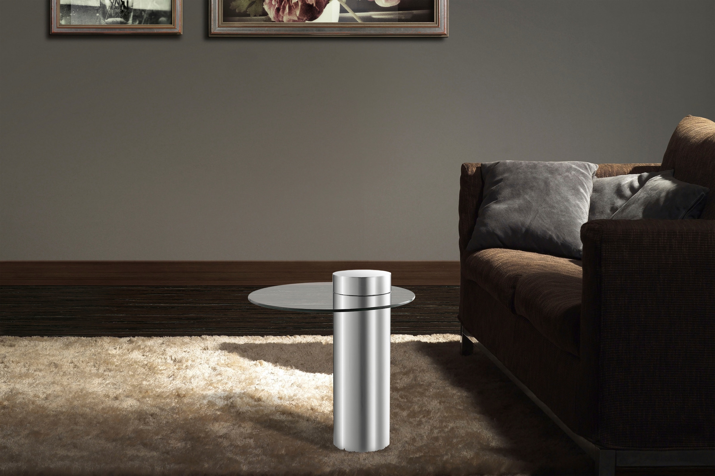 Kayoom Beistelltisch »Ontario 125, Runde Glasplatte aus Sicherheitsglas, 100% Edelstahl«, (1 St.), Minimalistisches Design, Säulengestell, pflegeleicht