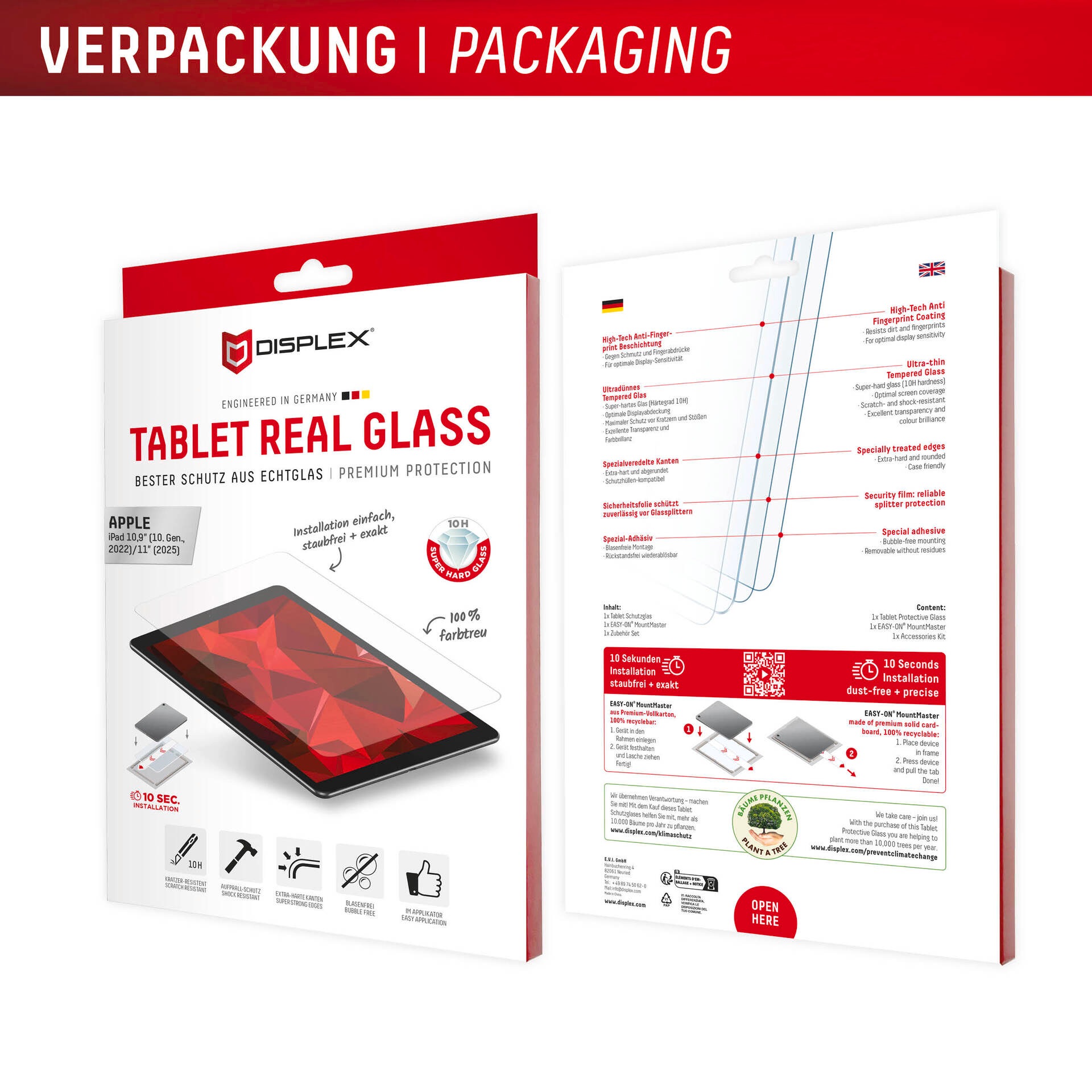 Displex Displayschutzglas »Tablet Real Glass« für Apple iPad 10,9'' (10. Gen.) Displayschutzfolie, Schutzfolie, Bildschirmschutz, kratz- & stoßfest