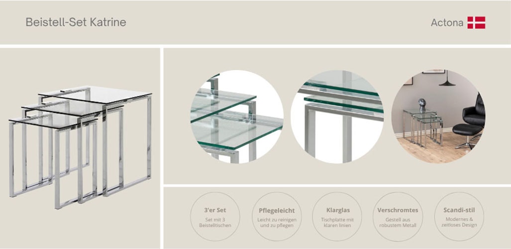 ACTONA GROUP Beistelltisch »Karina, TOPSELLER!«, (Set, Couchtisch, Sofatisch), mit einer Glastischplatte aus klarem Glas mit Chromgestell