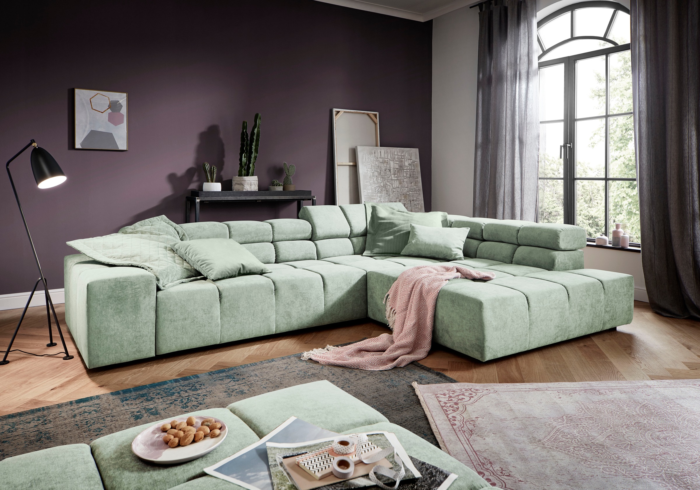 Home affaire Ecksofa "Ancona, Ecksofa, incl. Kopfteilverstellung, Breite 319 cm, L-Form" wahlweise motorische Sitztiefenverstellung, auch in Cord + Easy Care