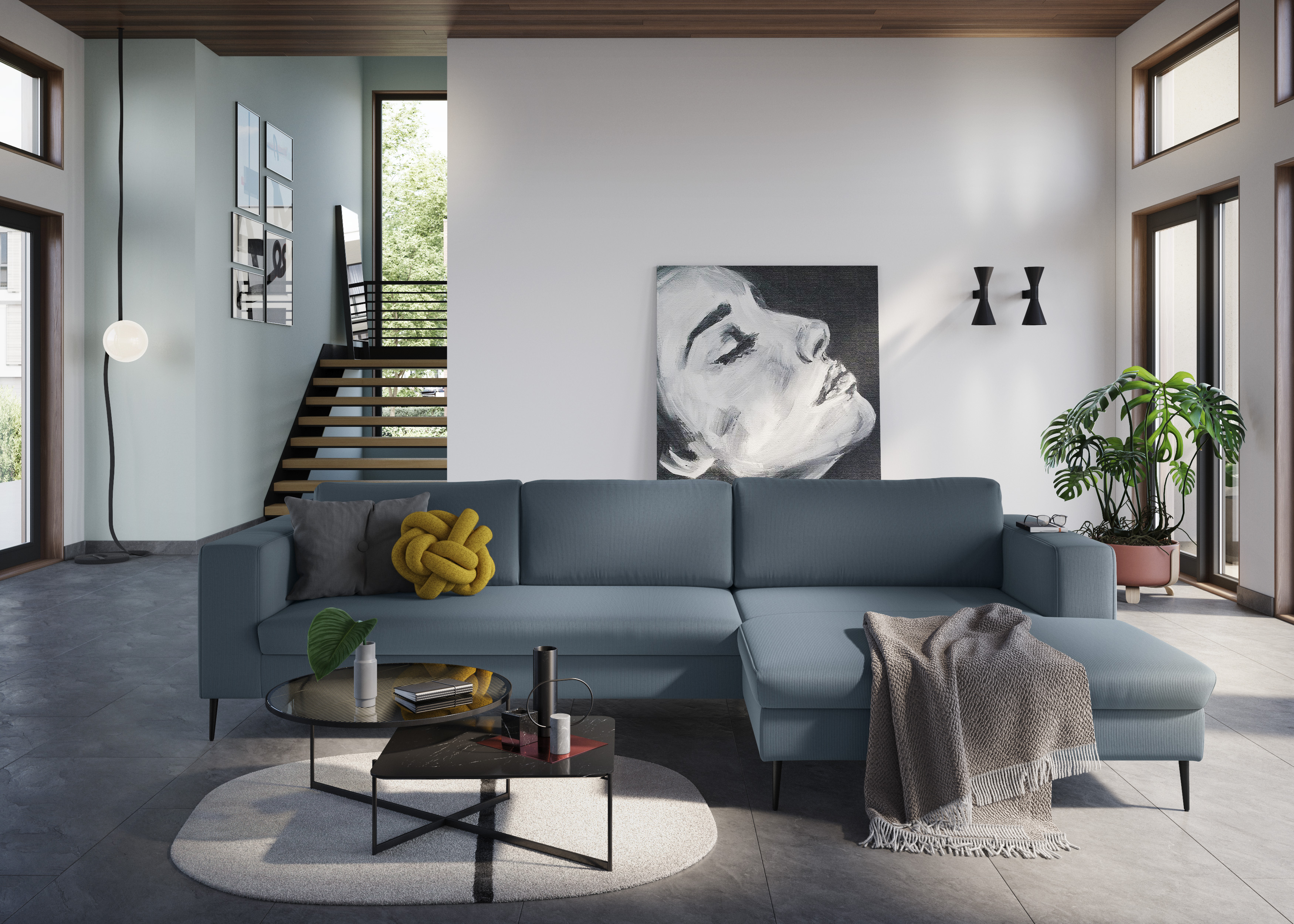 DOMO collection Ecksofa "Modica, zeitlos & elegant, Breite 329cm, hoher Fuß, bequem, L-Form" Auch in Cord, Fußhöhe passend für gängige Saugroboter