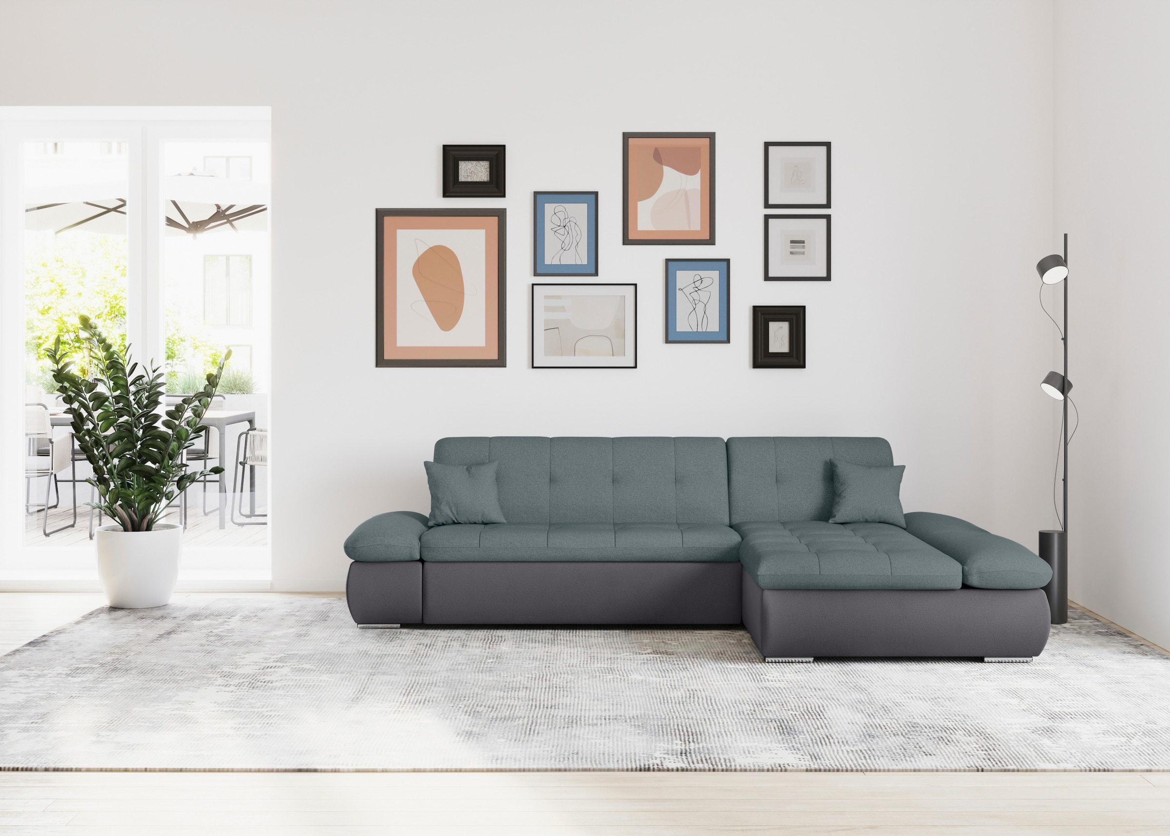 DOMO collection Ecksofa "MORIC 300x172 cm, XXL-Sofa mit viel Platz, L-Form, auch in Cord" wahlweise mit Bettfunktion und Armteilverstellung, grau-eisblau