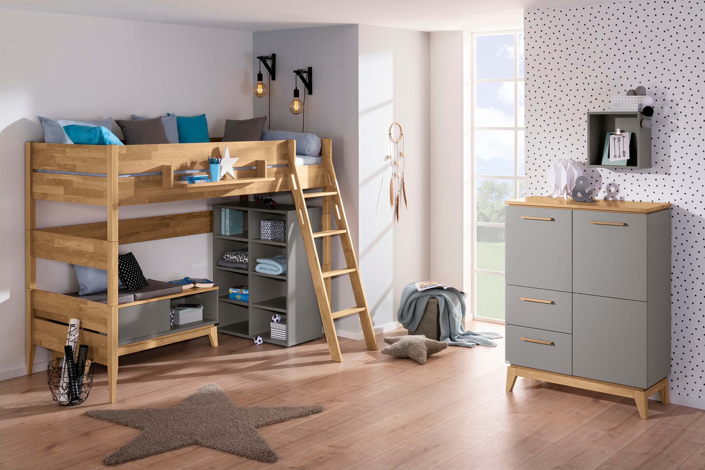 PAIDI Highboard »STIENE in Beige oder Grau, 2 Schubladen und 2 Türen mit Soft-Close« B/H/T ca. 95/123/40cm,  stabiles Regal mit Massivholz, Standregal, geprüfte Qualität