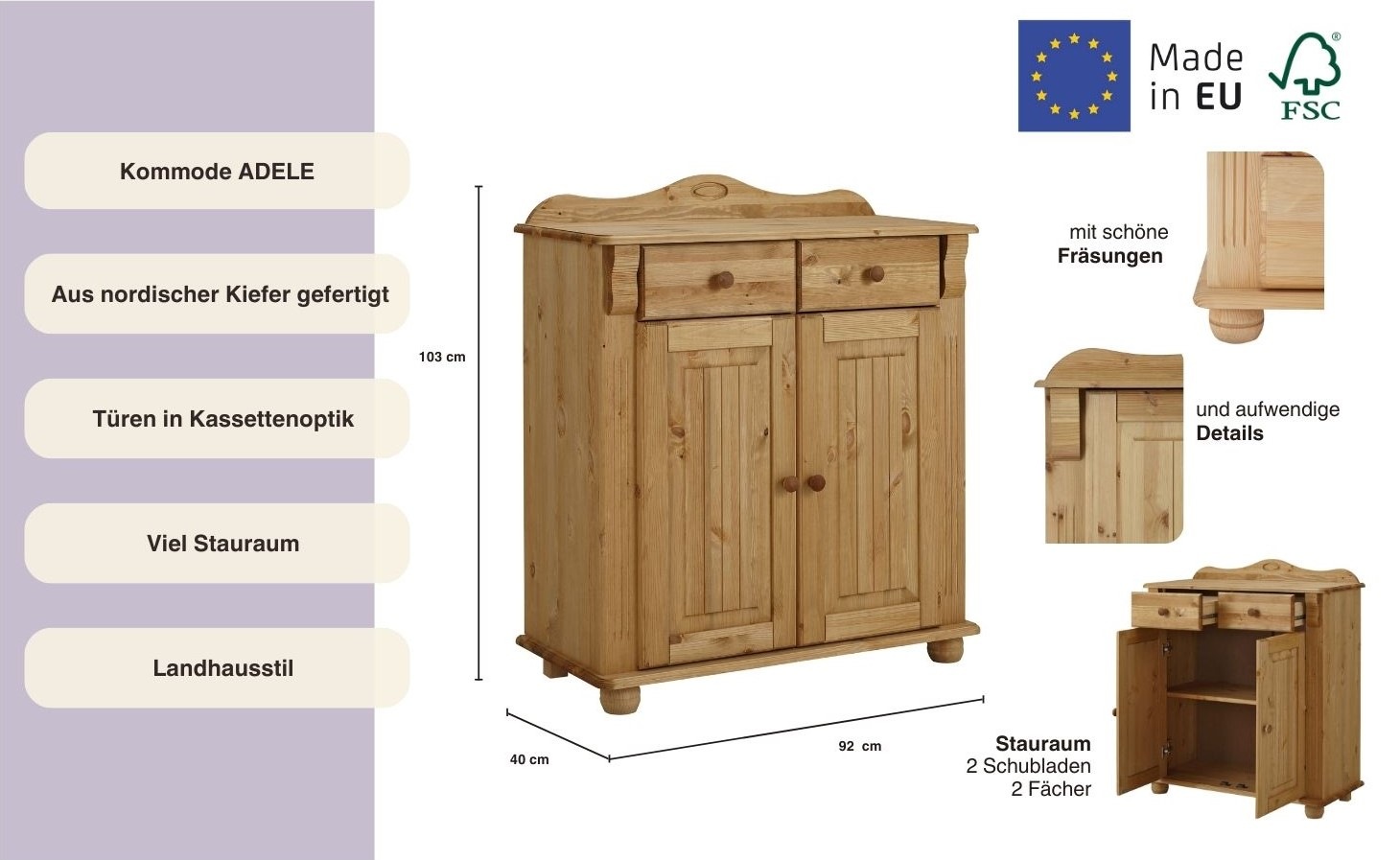 Thumbnail - OTTO home Kombikommode "Adele" aus massiver Kiefer, 92cm breit
