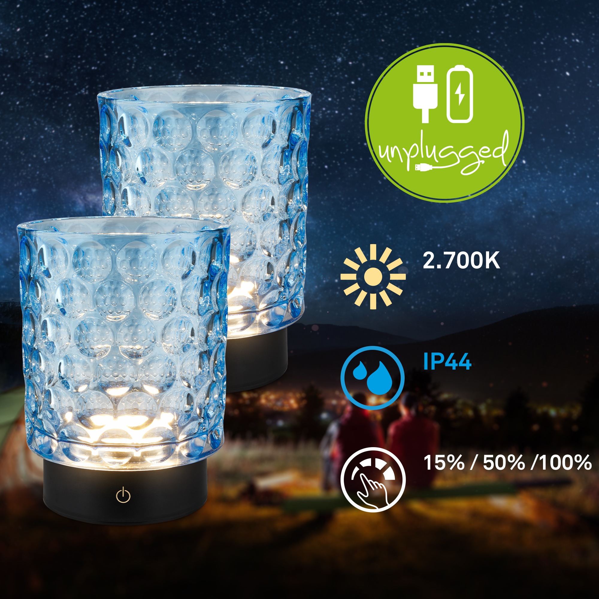 Briloner Leuchten LED Außen-Tischleuchte »SUNORA« LED-Board 2 Stk. Warmweiß kabellos 15 x 11 cm Blau 2W Wohnzimmer Flur Outdoor Aussen 2er-Set