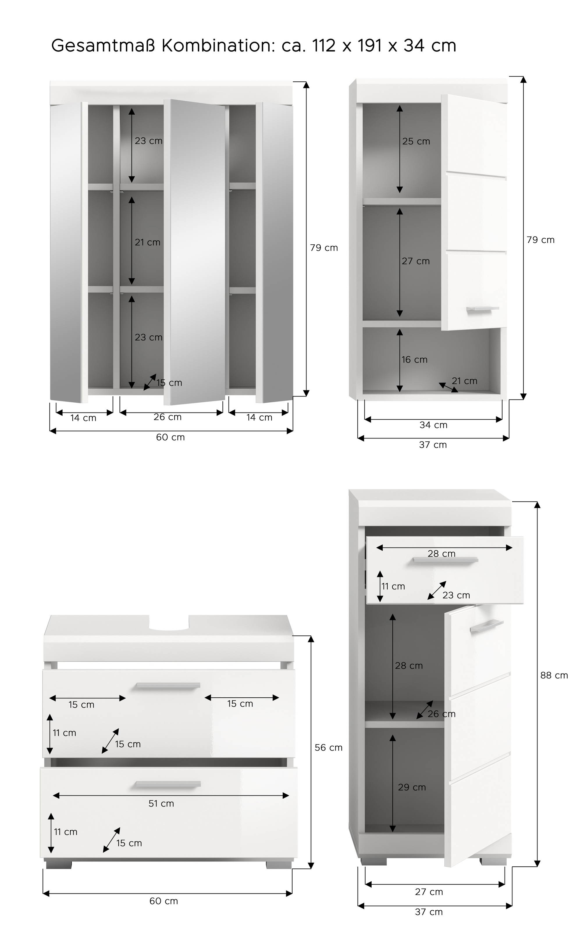 INOSIGN Badmöbel-Set »Siena, 4 teilig, bestehend aus:«, (Set), Waschbeckenunterschrank, Spiegelschrank, Unterschrank, Hängeschrank