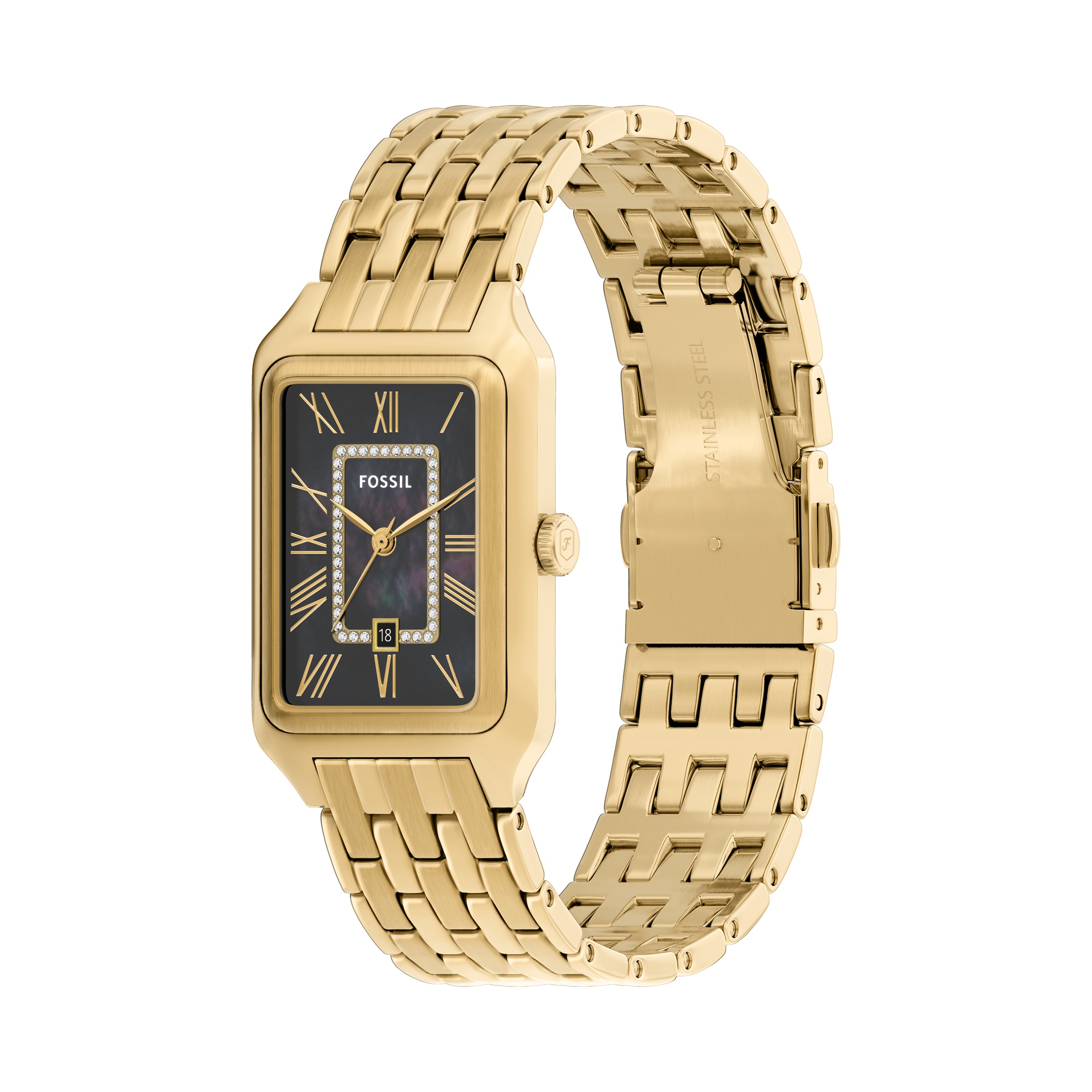 Fossil Quarzuhr »RAQUEL«, Armbanduhr, Damenuhr, Edelstahlarmband, analog, Tag, Glassteine