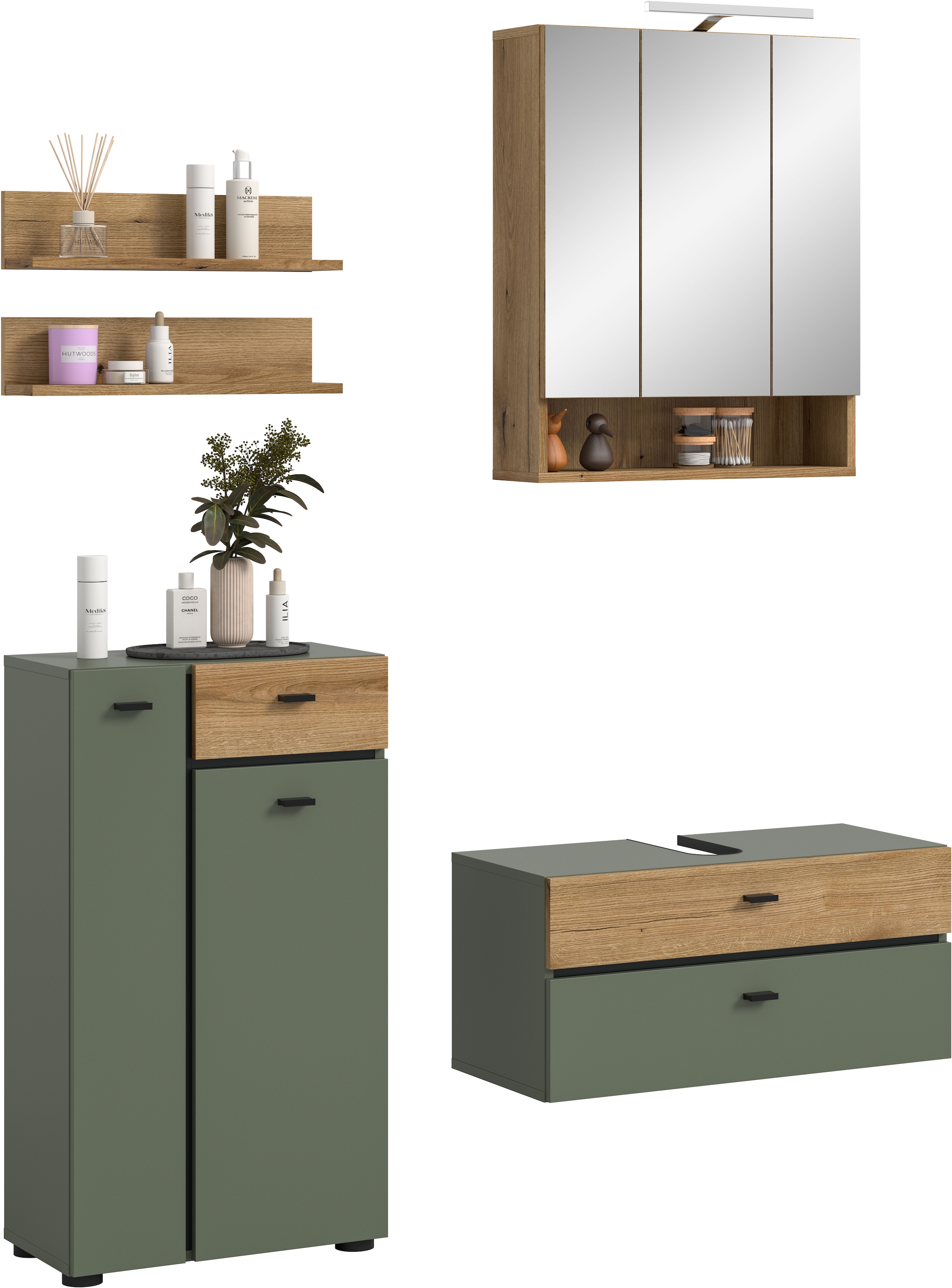 welltime Badmöbel-Set "VANN, 5-teilige moderne Badkombination, inkl. Beleuchtung" Midischrank, 2er Set Wandregal, Waschbeckenunterschrank,Spiegelschrank, 5 Stk. tlg.