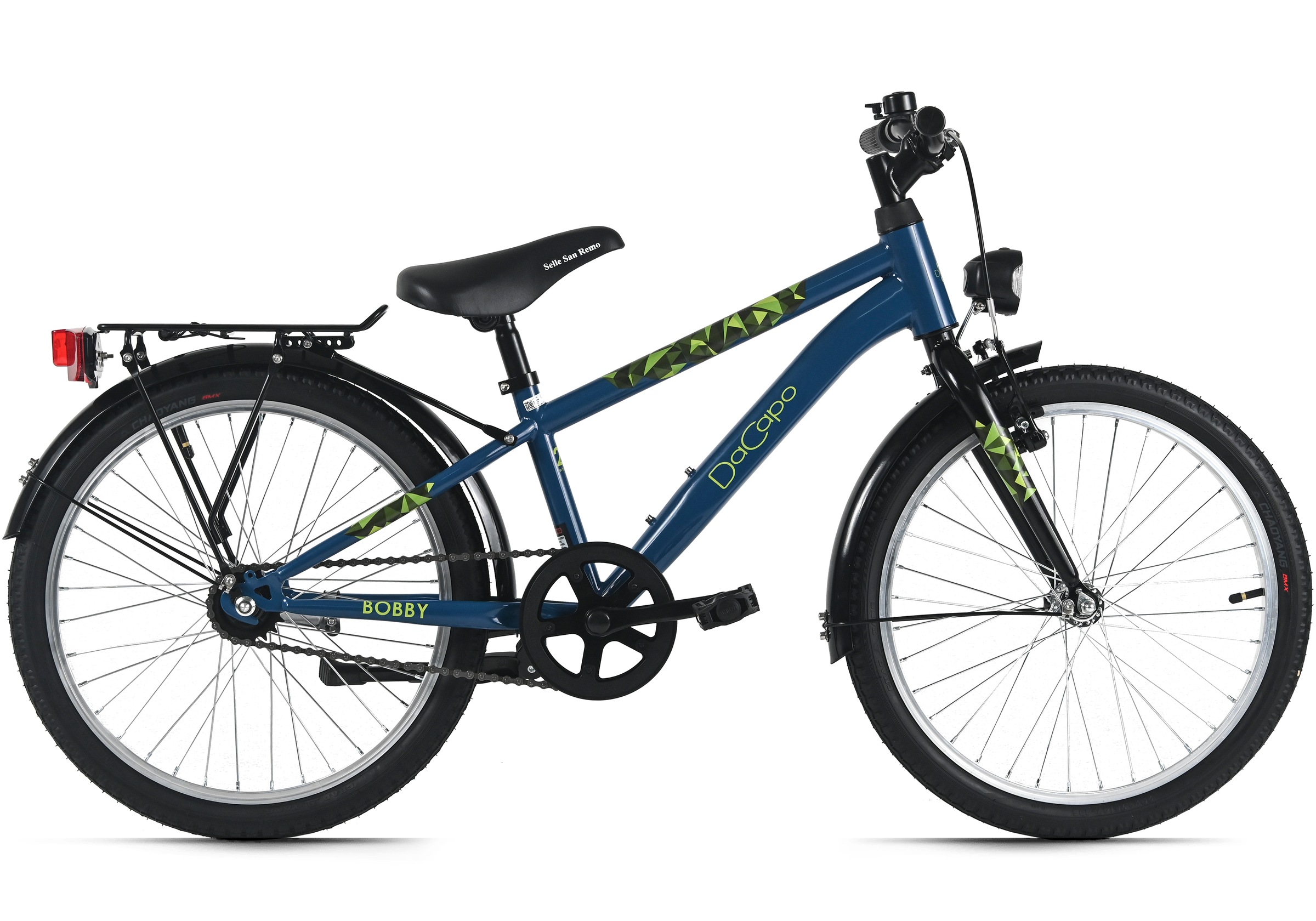 DACAPO Kinderfahrrad "20" Bobby Blau 1 Gang RH 27 cm mit Beleuchtung - Ab 6 Jahre", 27cm, 20 Zoll (50,80cm) hinten: 20 Zoll (50,80cm)blau, schwarz,