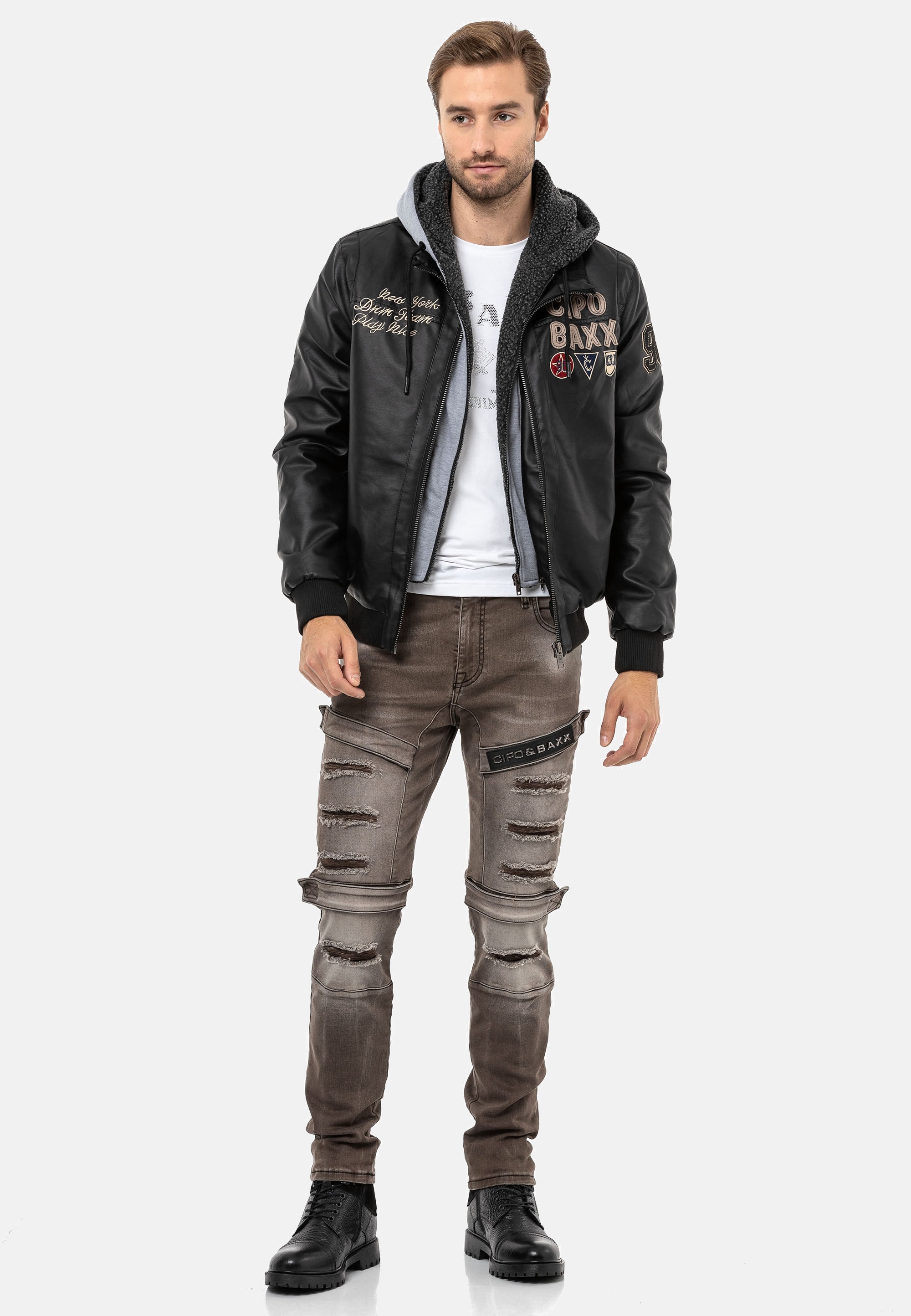 Cipo & Baxx Lederimitatjacke »Jacke«, mit Kapuze, mit herausnehmbarer Innenjacke