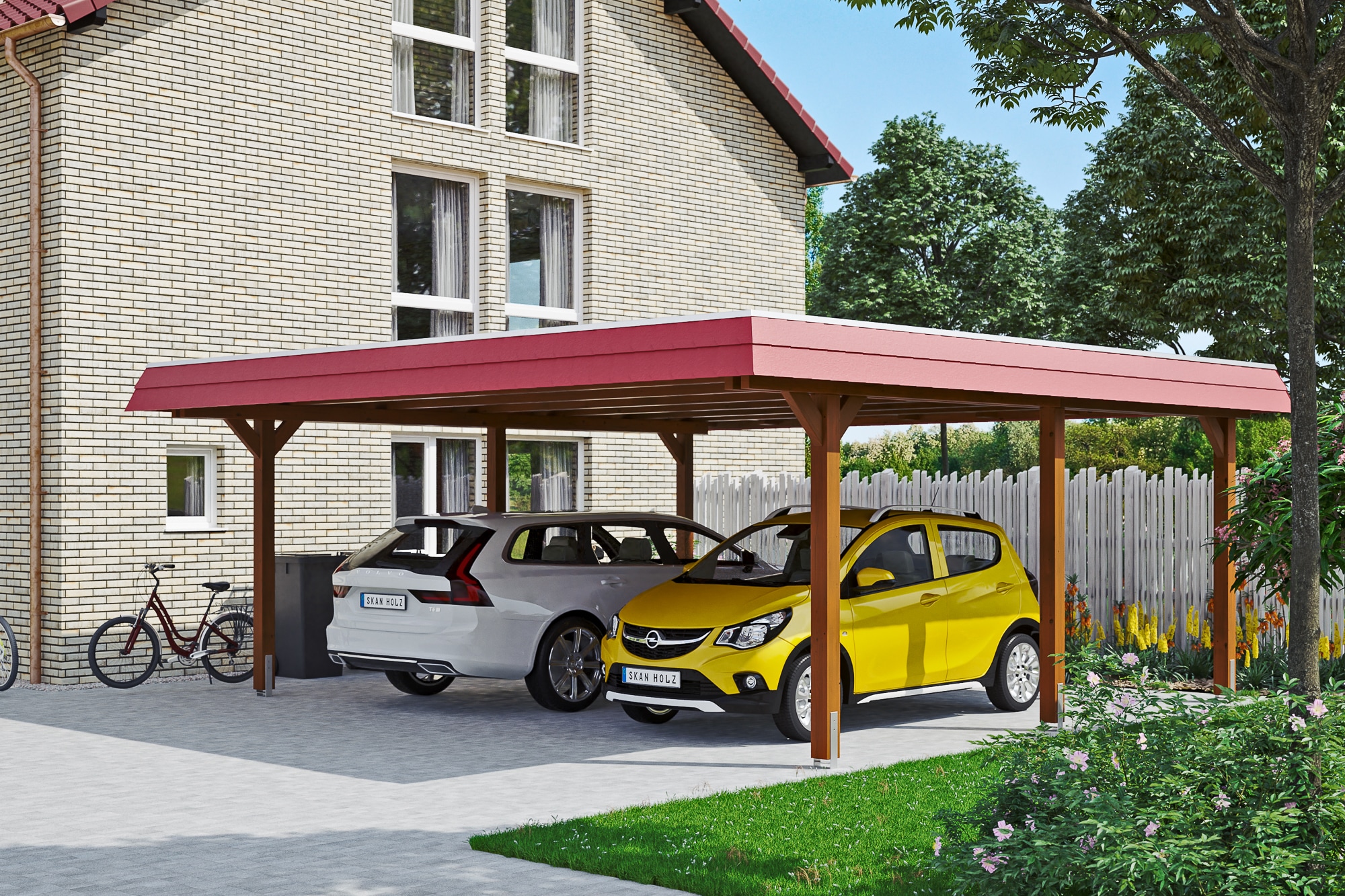 Skanholz Doppelcarport »Wendland«, Leimholz-Fichte, 550 cm, Nussbaum, mit Aluminiumdach, rote Blende
