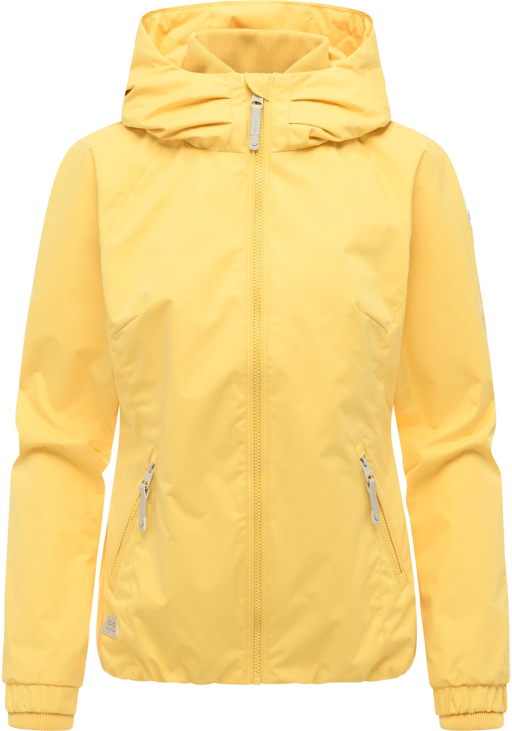 Outdoorjacke RAGWEAR "Dizzie", Gr. M (38), hellgelb, Außenmaterial: 100% Polyester; Innenfutter: 100% Polyester, regular fit hüftbedeckend, Ärmel ohne Ärmelschlitz Rippstrickbündchen, Jacken Outdoorjacke, Wasserdichte Übergangsjacke mit großer Kapuze, Top