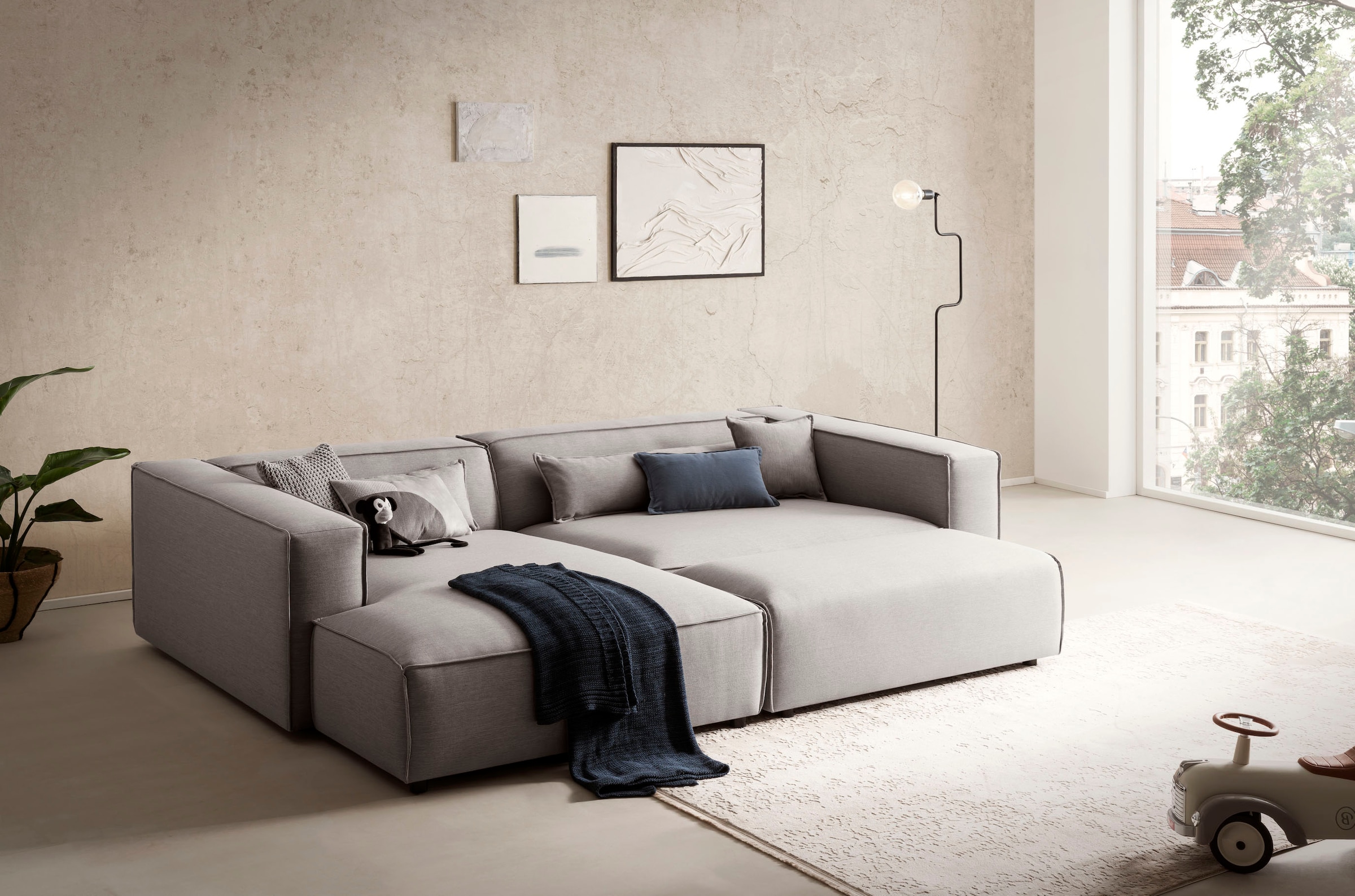 LeGer Home by Lena Gercke Ecksofa »PIARA XXL, L-Form, Schlaffunktion, Cord, Leinenoptik o. Strukturstoff« Hocker stellbar zum Schlafsofa (Krokodilverbinder), tiefe Sitzfläche