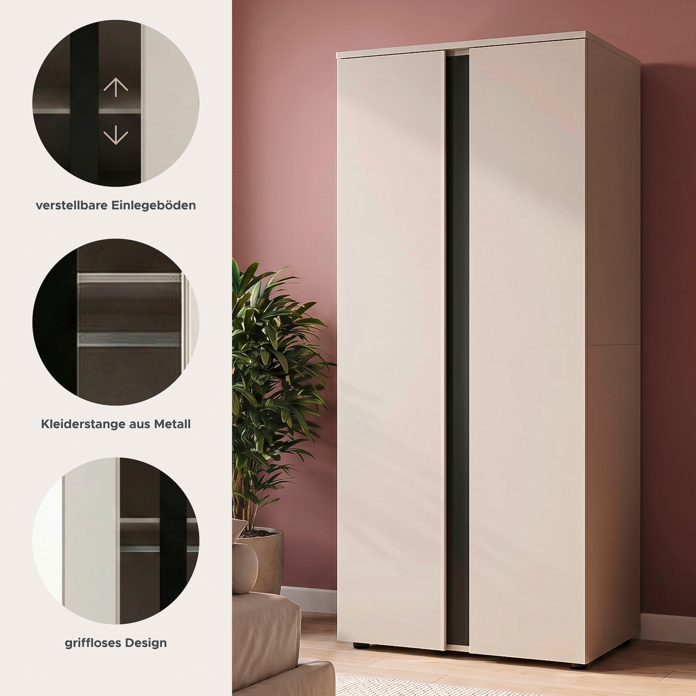 OTTO home Kleiderschrank »AXIS, in verschiedenen Breiten, Schlafzimmerschrank, Schrank« Breite 79cm, 2 Türen, 1 Kleiderstange, 3 Fächer