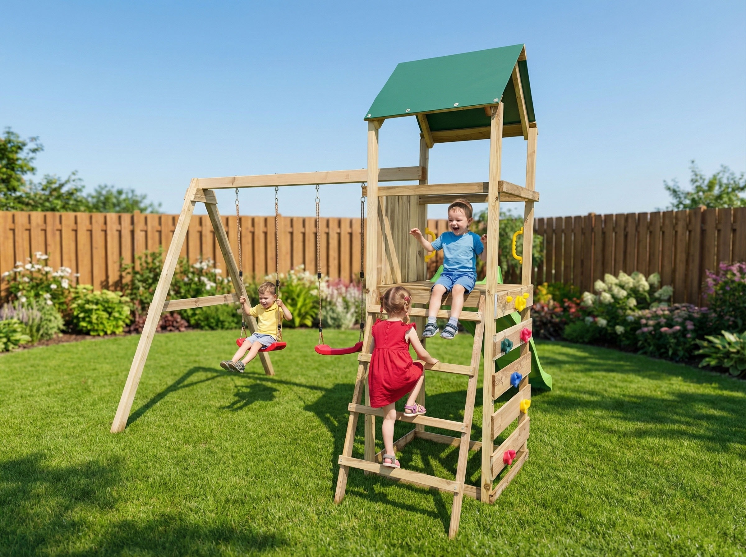 FUNGOO Spielturm »MaxPlay 2.1« mit Rutsche, Doppelschaukel und Kletterwand