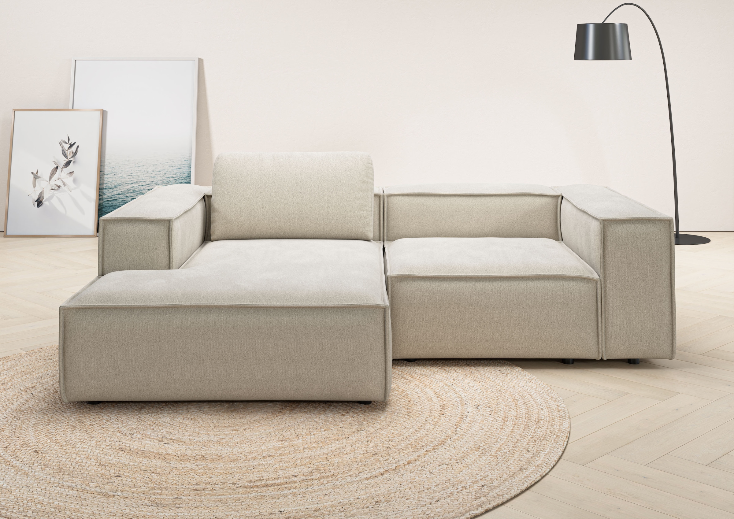 Ecksofa HOME AFFAIRE, B:246cm H:68cm T:171cm, beige, 94% Polyester, 6% Nylon, Wohnzimmer, Sofas, "Watertown, kompakte L-Form, Japandi Design, 246 cm