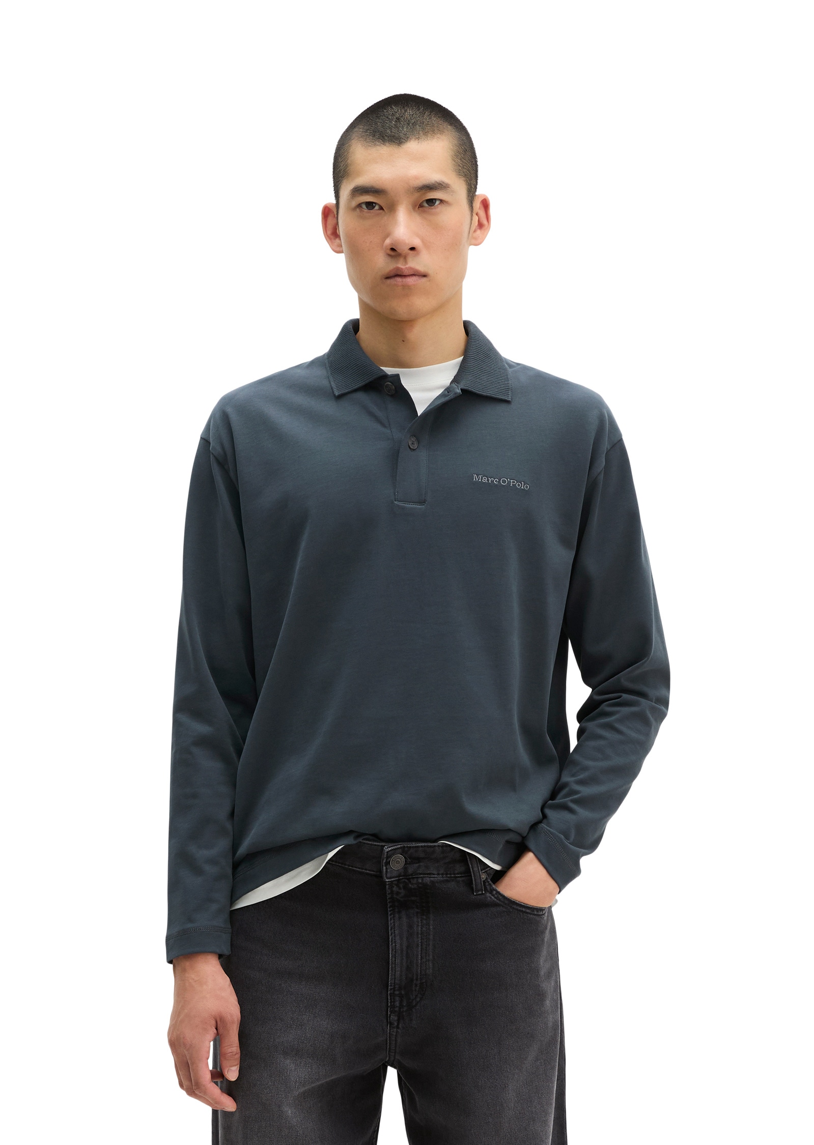 Marc OPolo Langarm-Poloshirt "aus schwerem Bio-Baumwoll-Jersey"