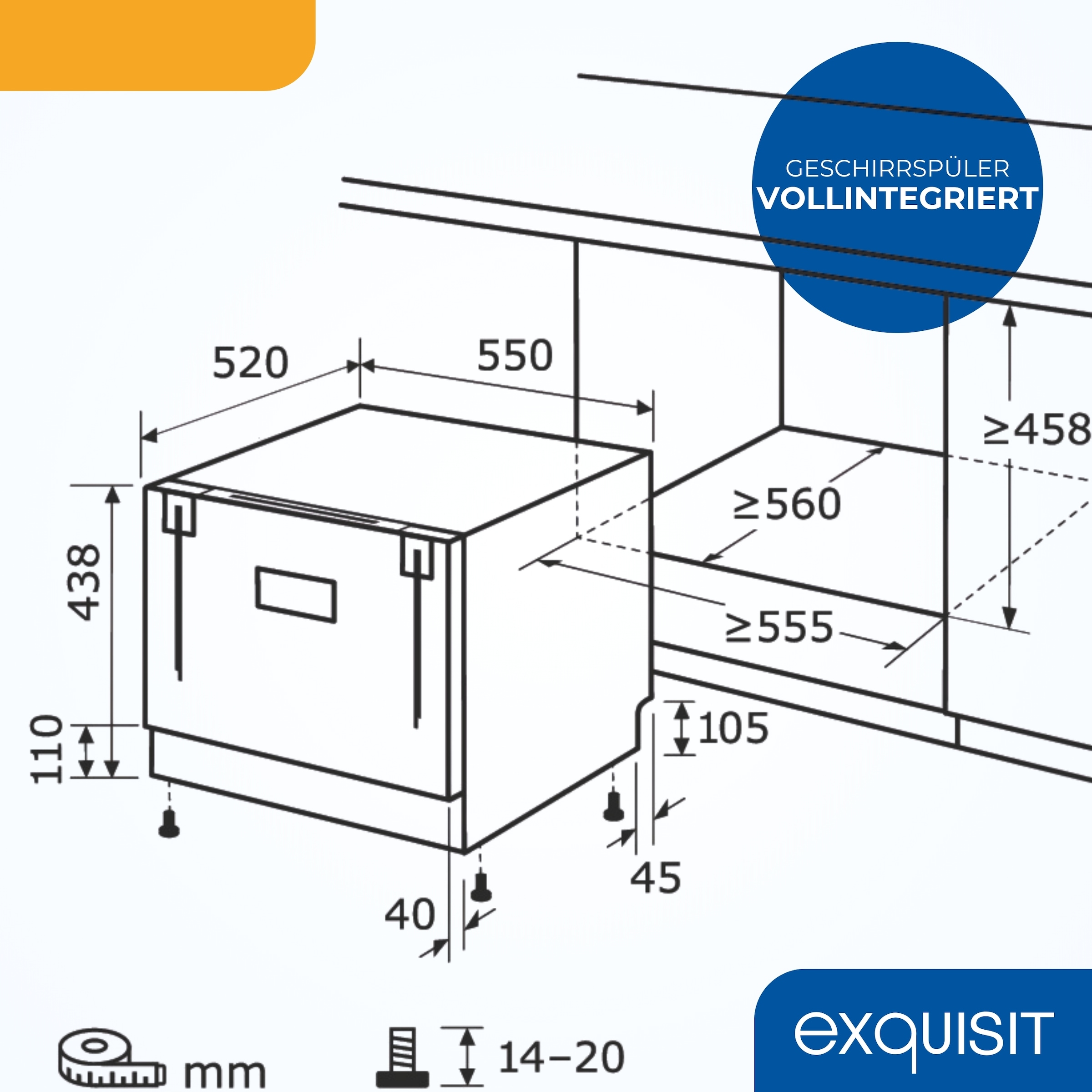 exquisit vollintegrierbarer Geschirrspüler 1060 »EGSP1060-E-030D« 6,5 l 6 tlg. Maßgedecke Kompakt in Arbeitshöhe einbaubar - Rückenschonendes Geschirreinräumen