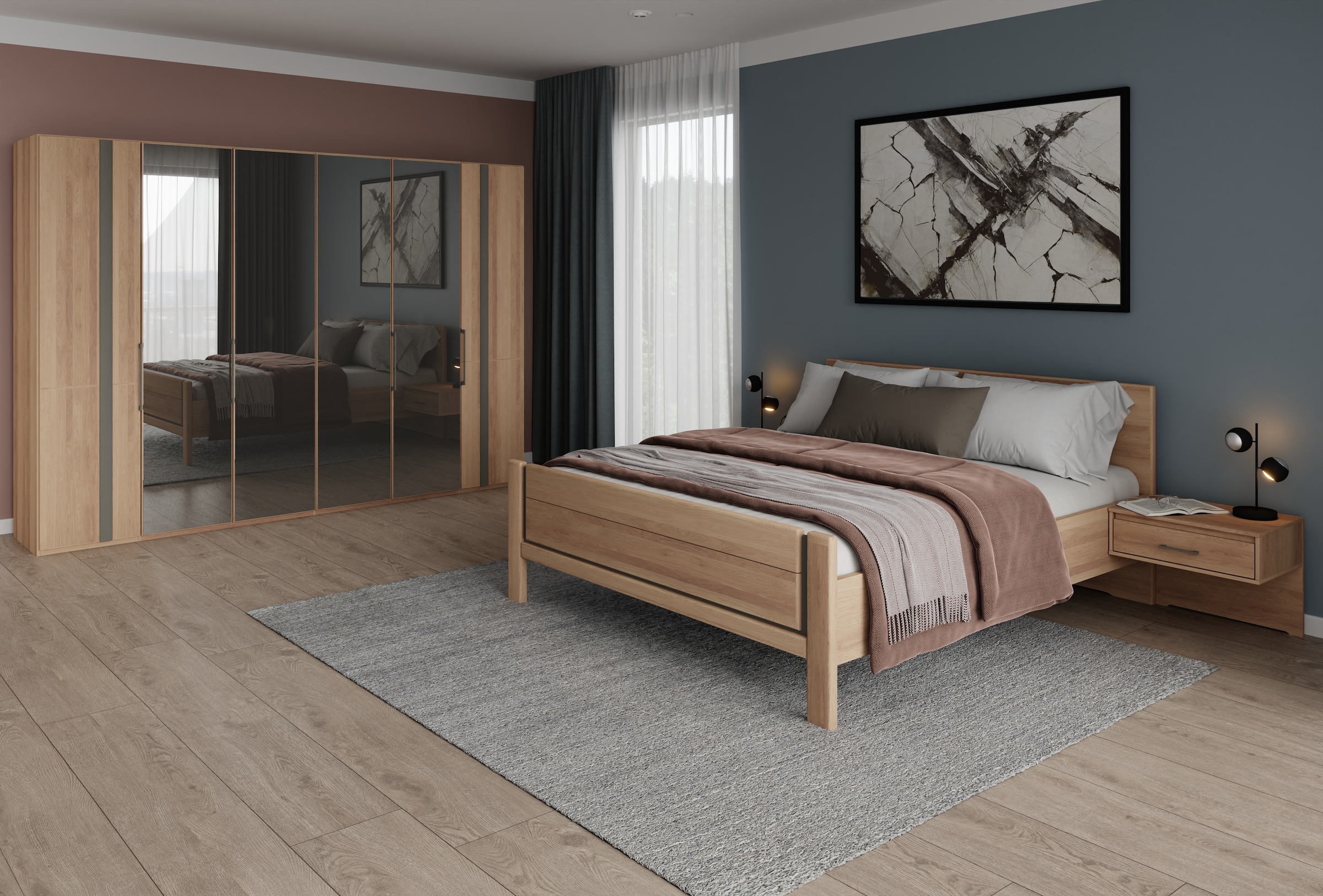 Musterring Schlafzimmer-Set »Sorrent, Kleiderschrank, Bett & Nachtkommoden, teilmassiv Eiche«, (2er-Set Nachtschränke, Drehtürenschrank 300 cm, Bett 180x200 cm), Bett mit Stollenfuß, Eiche teilmassiv, Spiegeltüren in Parsol-Bronze