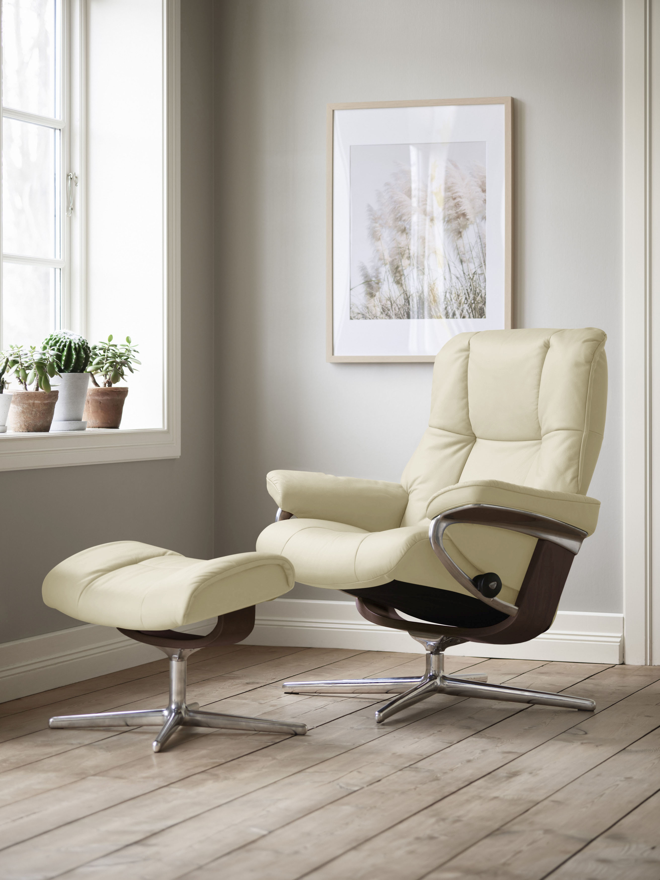 Stressless Relaxsessel "Mayfair" Set, Relaxsessel mit Hocker, mit Hocker, mit Cross Base, Größe S, M & L, Holzakzent Braun