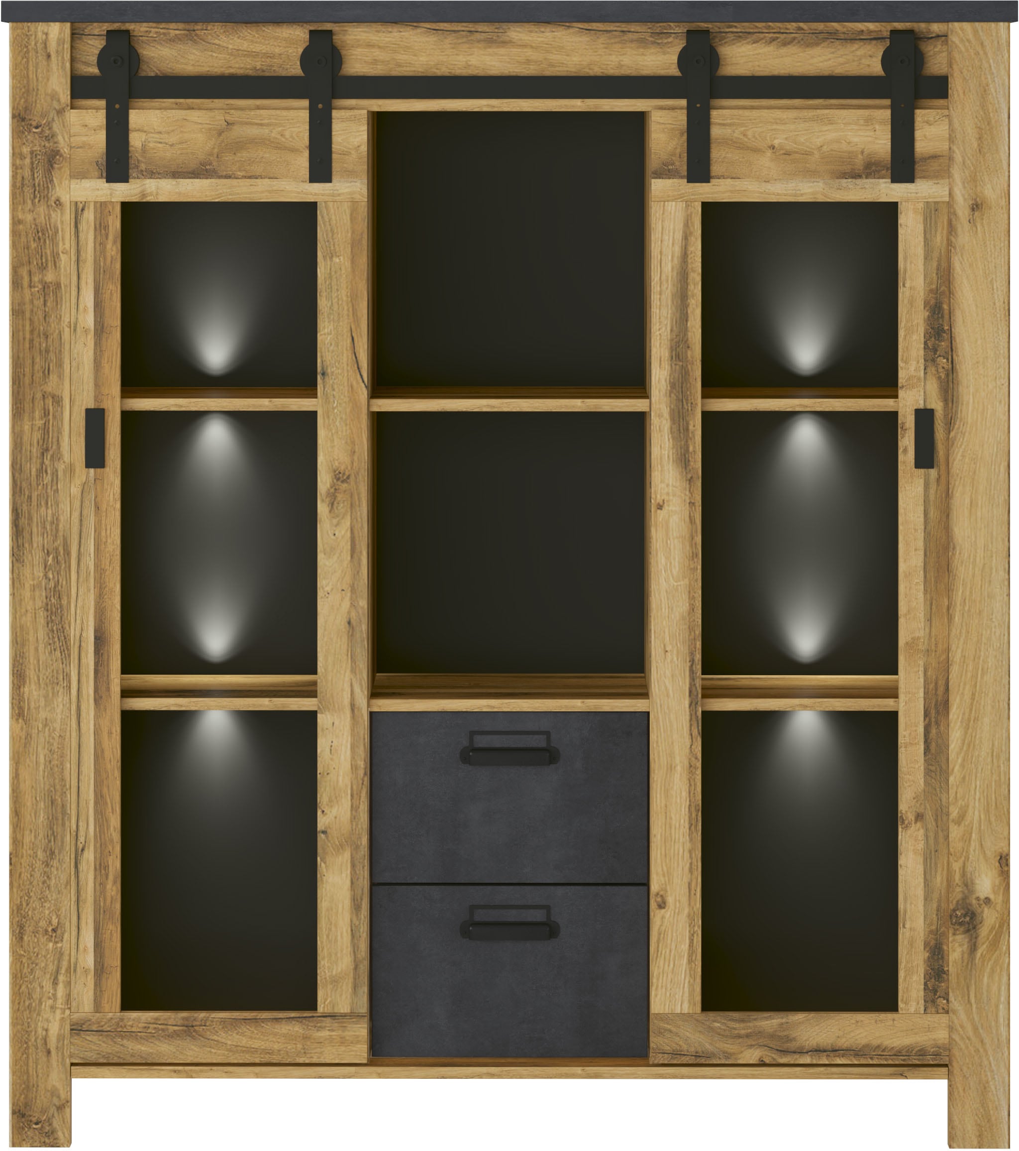 Home affaire Highboard »York, moderner Hochschrank, Vitrine in Hunton Oak, Industrialdesign«, mit Scheunentorbeschlägen & Apothekergriffen aus Metall, 150 cm hoch