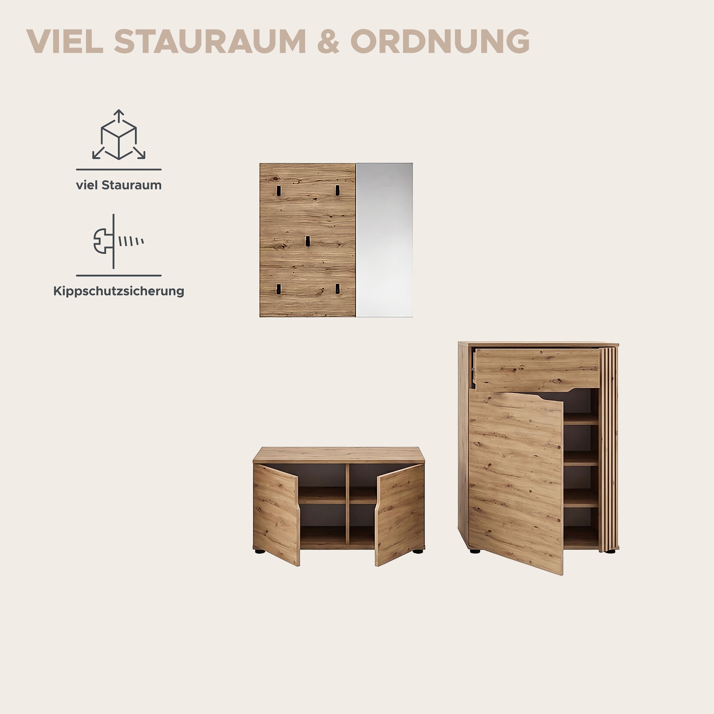 OTTO home Garderoben-Set »FJELL, 3-teilig, Breite 175cm, Front mit hochwertiger Längsfräsung«