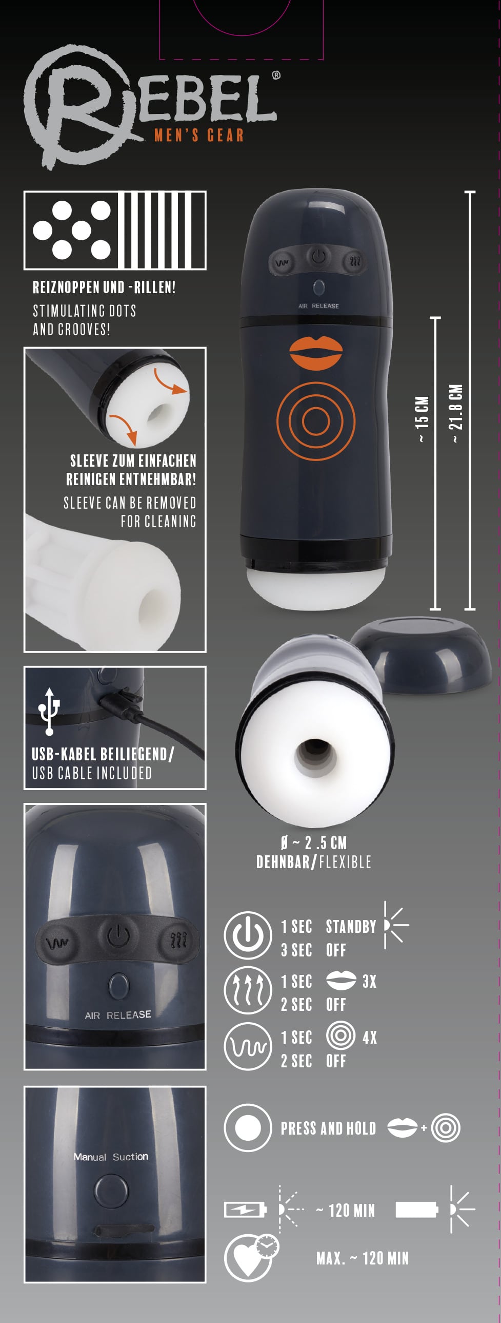 REBEL Masturbator »Masturbator mit Vibration Masturbator with 2 Functions«