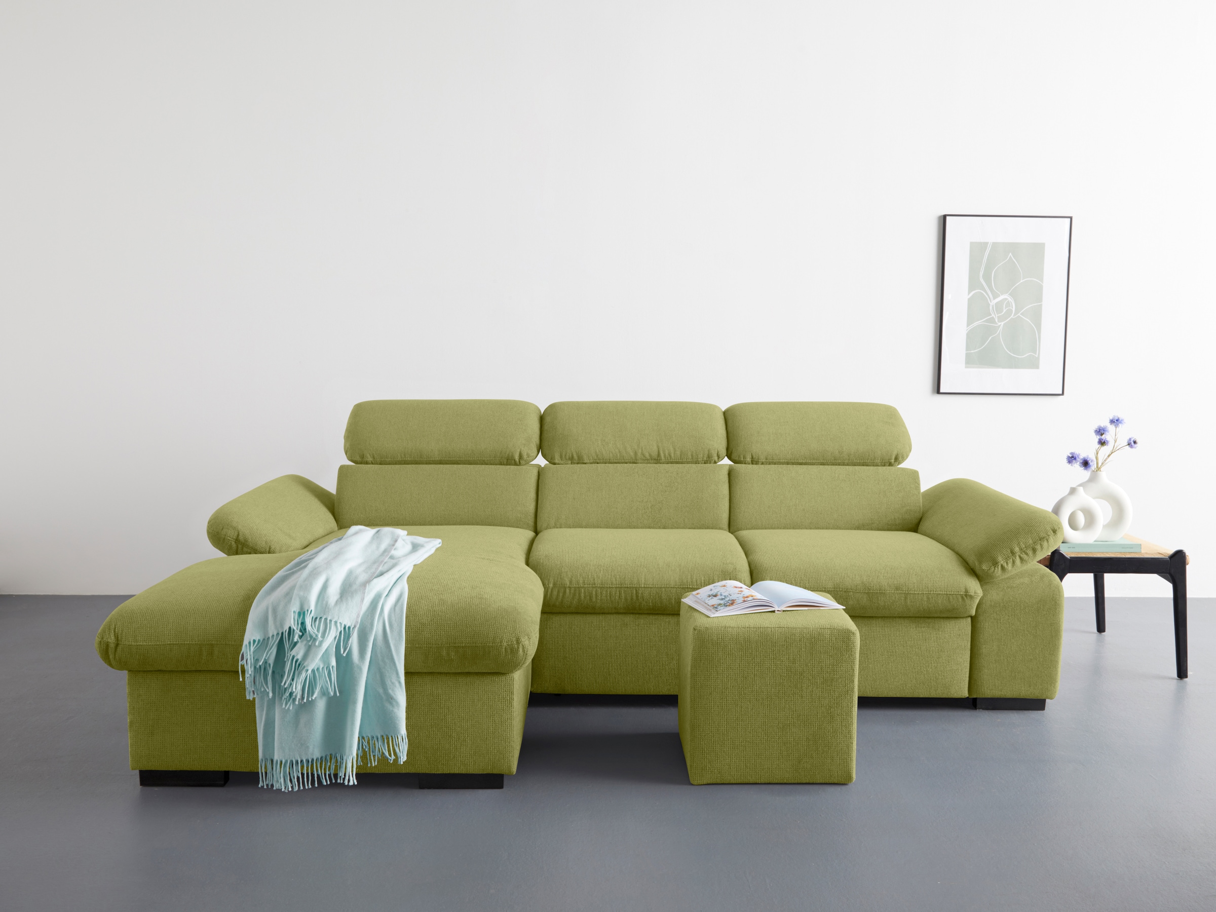 COTTA Ecksofa »Lola L-Form mit Kopfteilfunktion & Hocker«, (Set, mit Hocker), wahlweise mit Bettfunktion, Bettkasten & Armteilverstellung